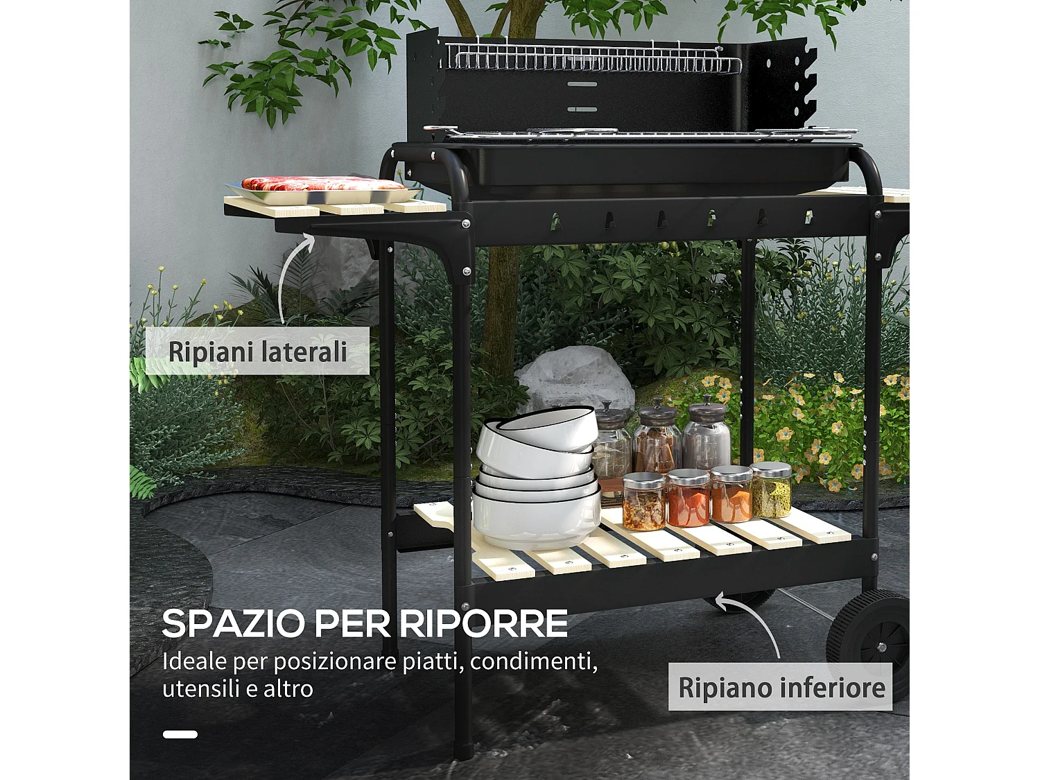 Barbecue a carbonella ad altezza regolabile nera con vassoio