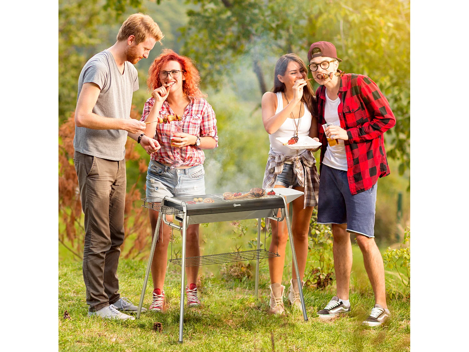 Barbecue a carbonella con griglia e piastra in acciaio inox
