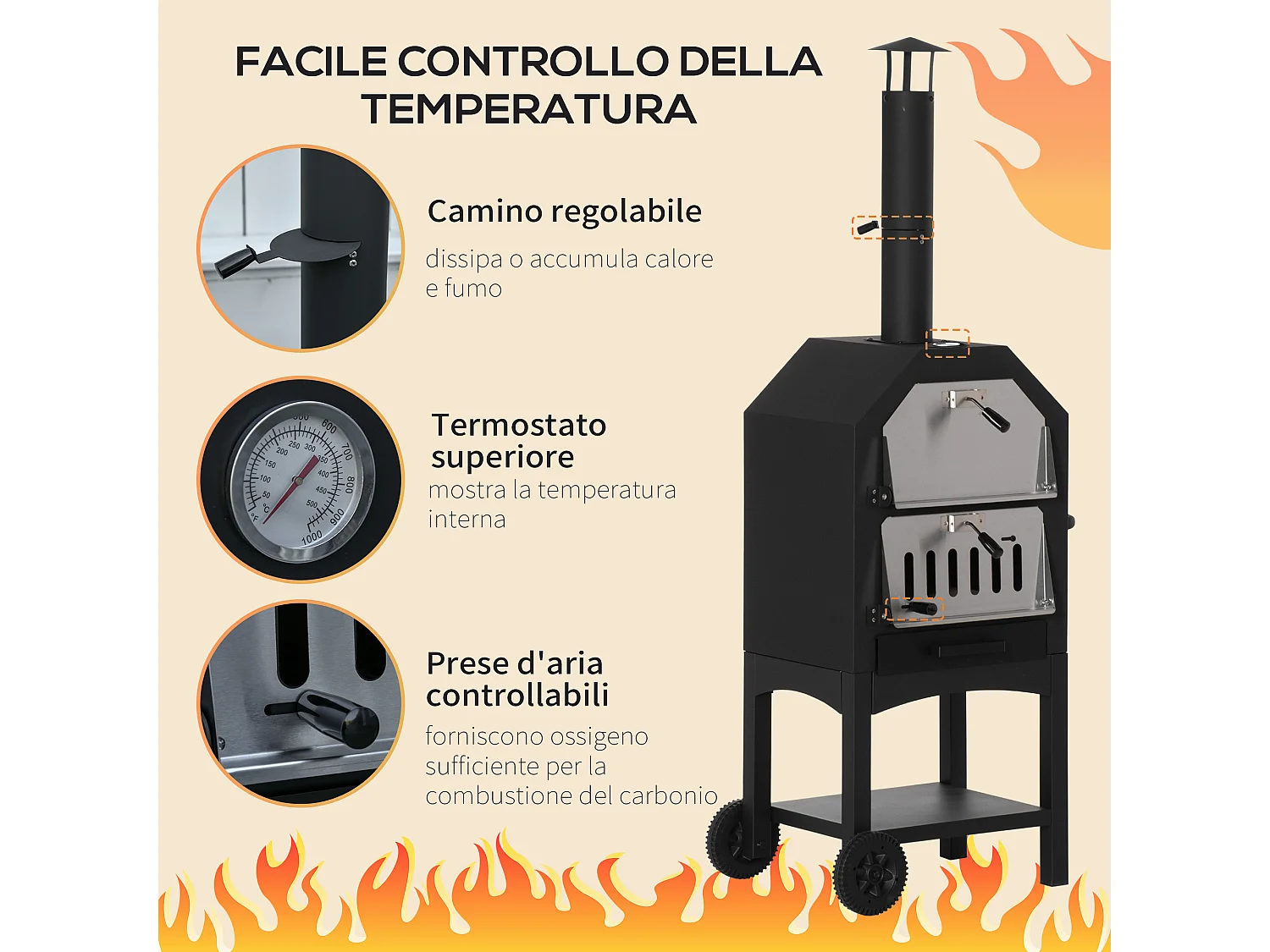 Forno per pizza barbecue a carbonella con termometro in acciaio