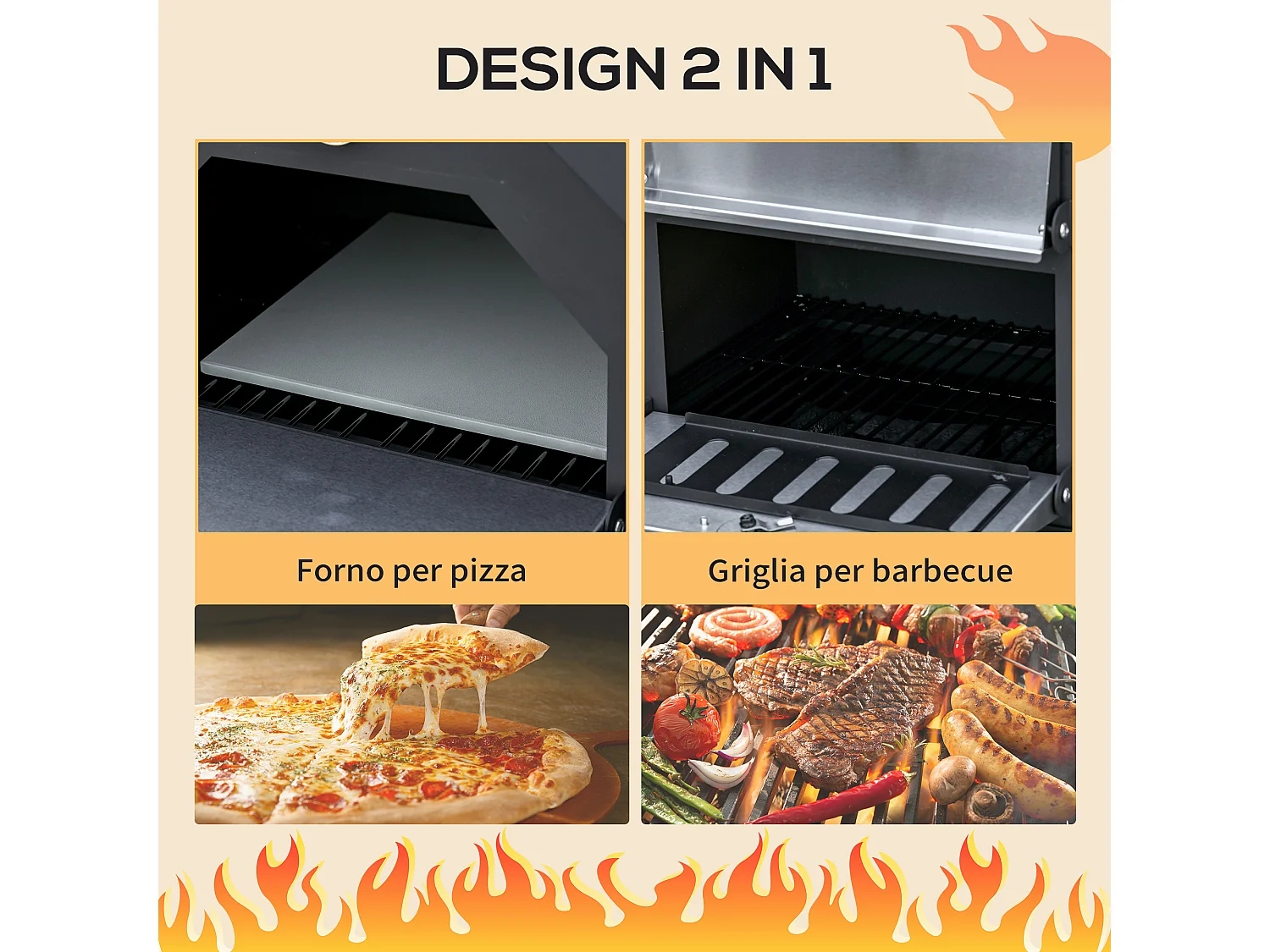 Forno per pizza barbecue a carbonella con termometro in acciaio