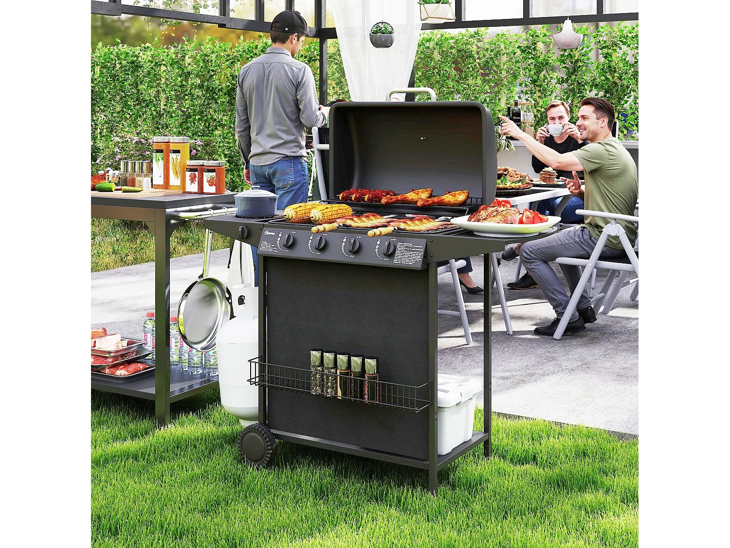 Barbecue a gas con coperchio ruote e 5 bruciatori nero