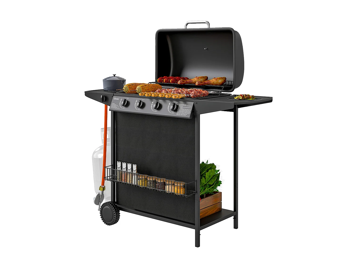 Barbecue a gas con coperchio ruote e 5 bruciatori nero