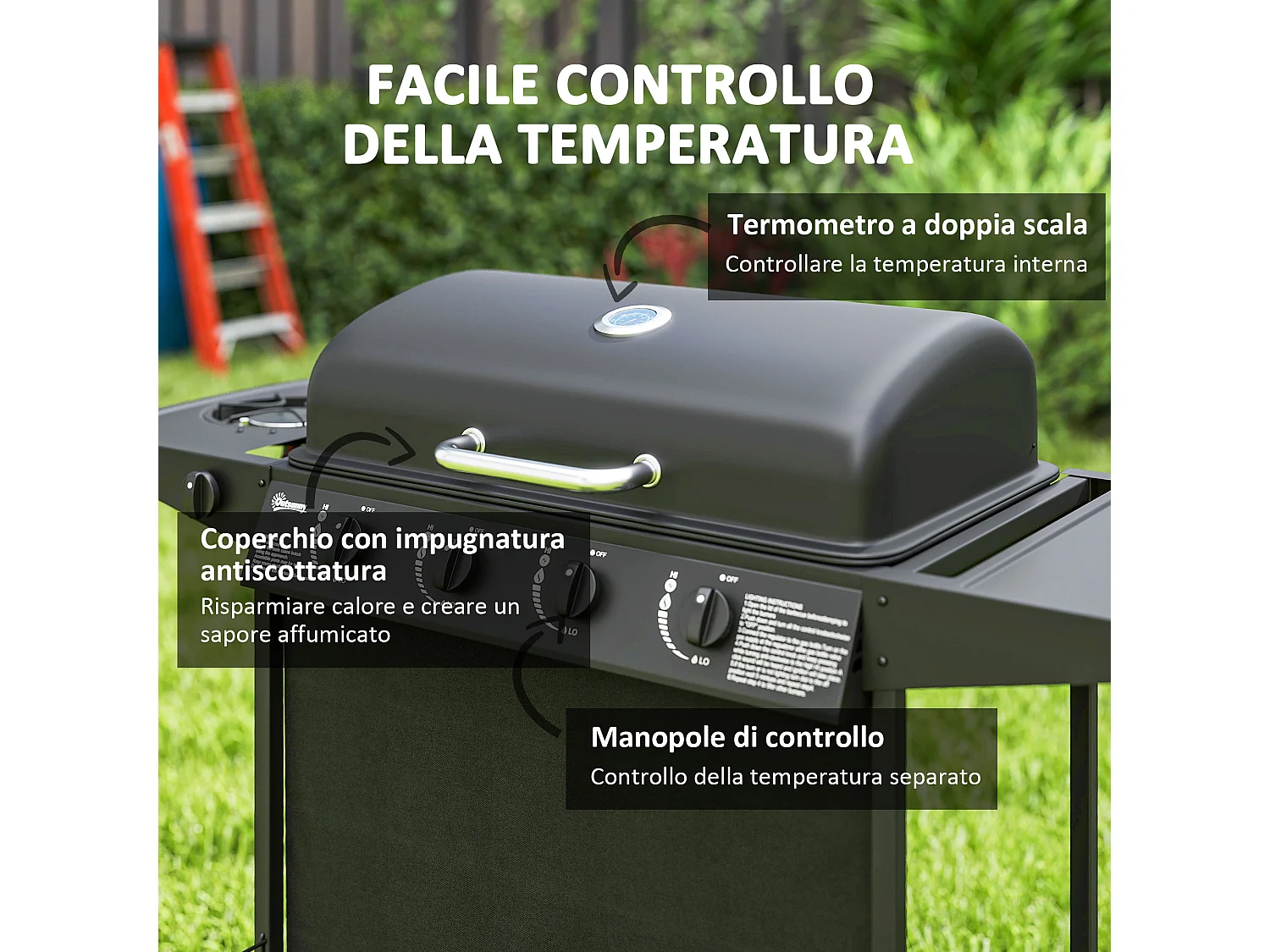 Barbecue a gas con coperchio ruote e 5 bruciatori nero
