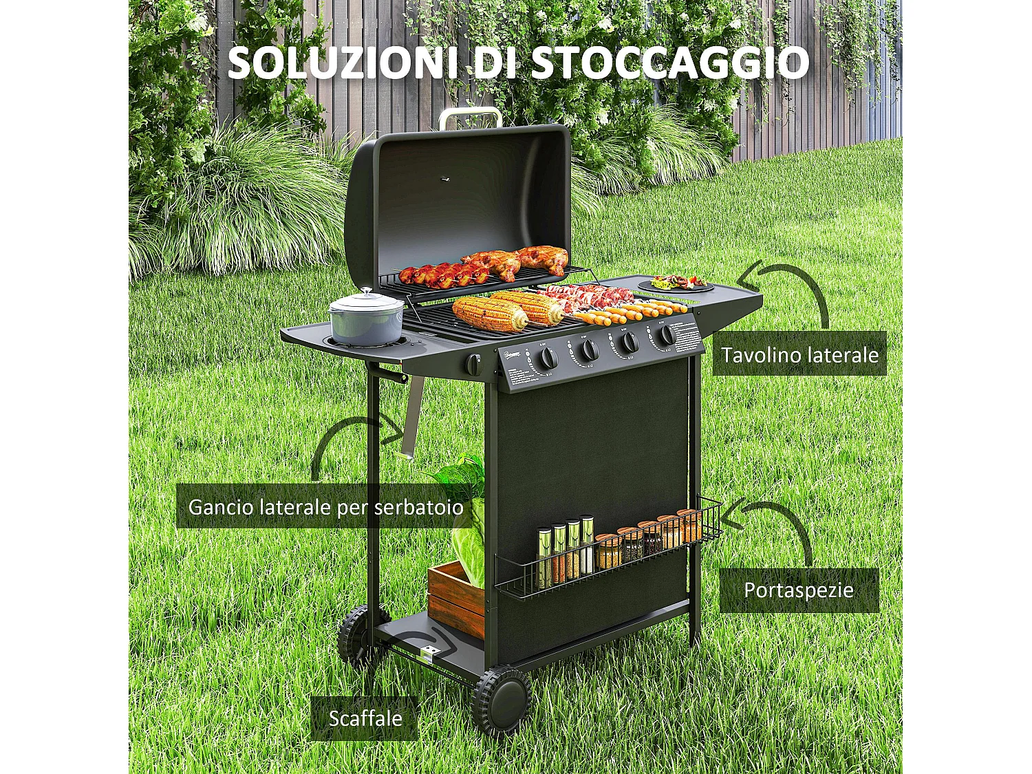 Barbecue a gas con coperchio ruote e 5 bruciatori nero