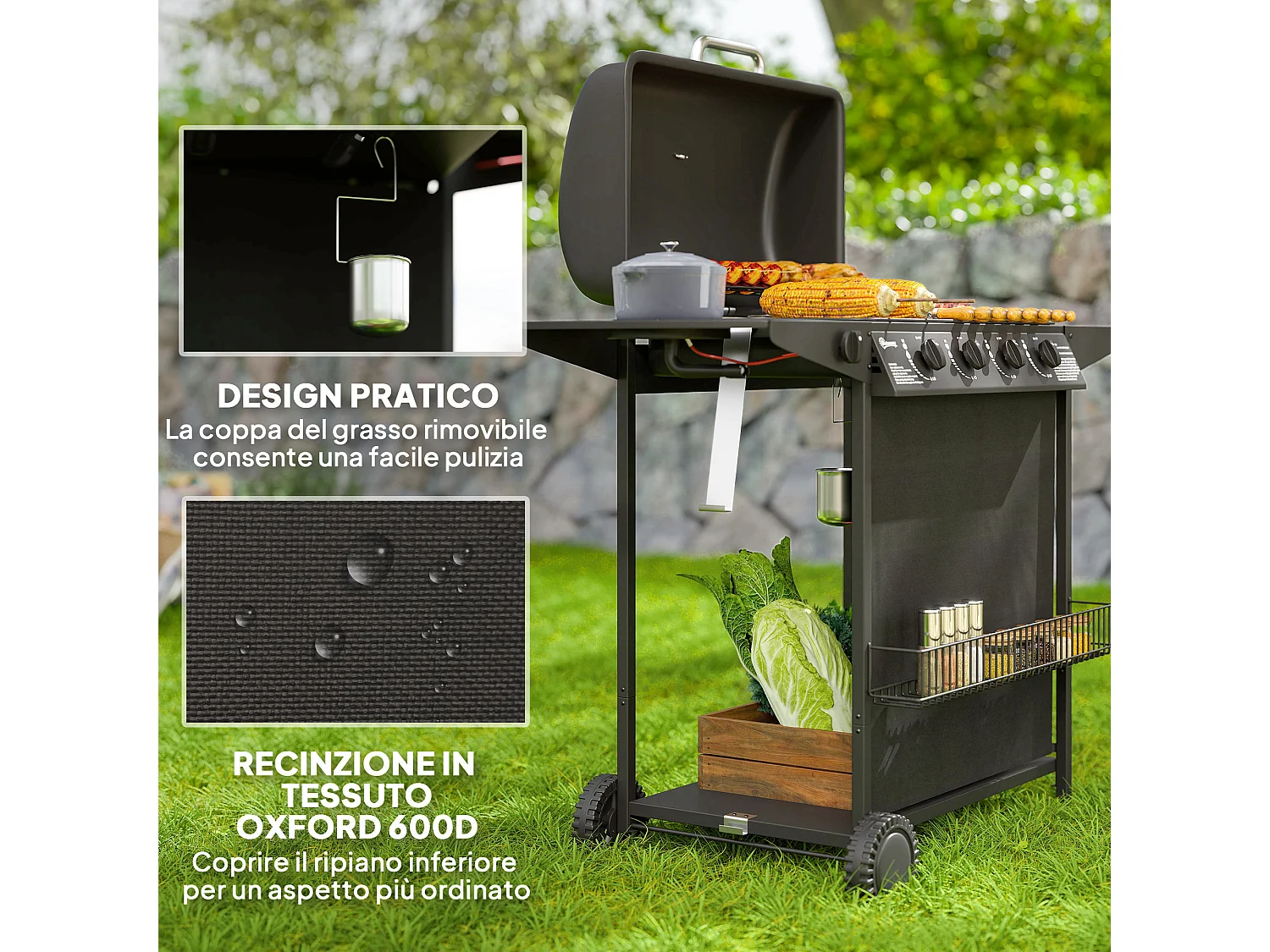 Barbecue a gas con coperchio ruote e 5 bruciatori nero