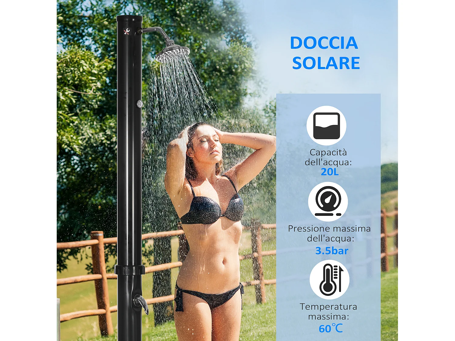 Doccia solare regolabile da 20L con rubinetto inferiore nero