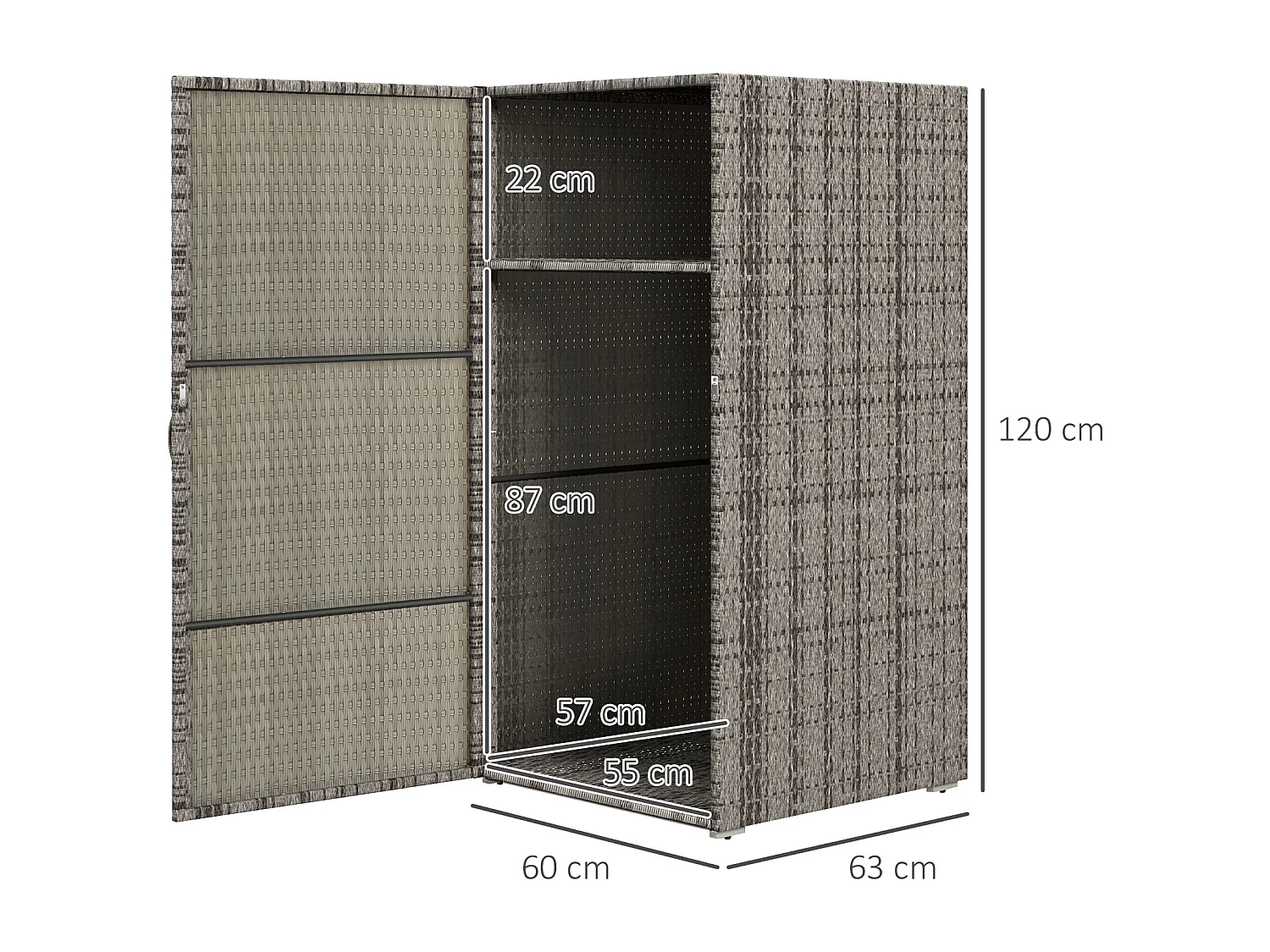 Armadio da esterno in rattan pe e acciaio 60x63x120cm grigio