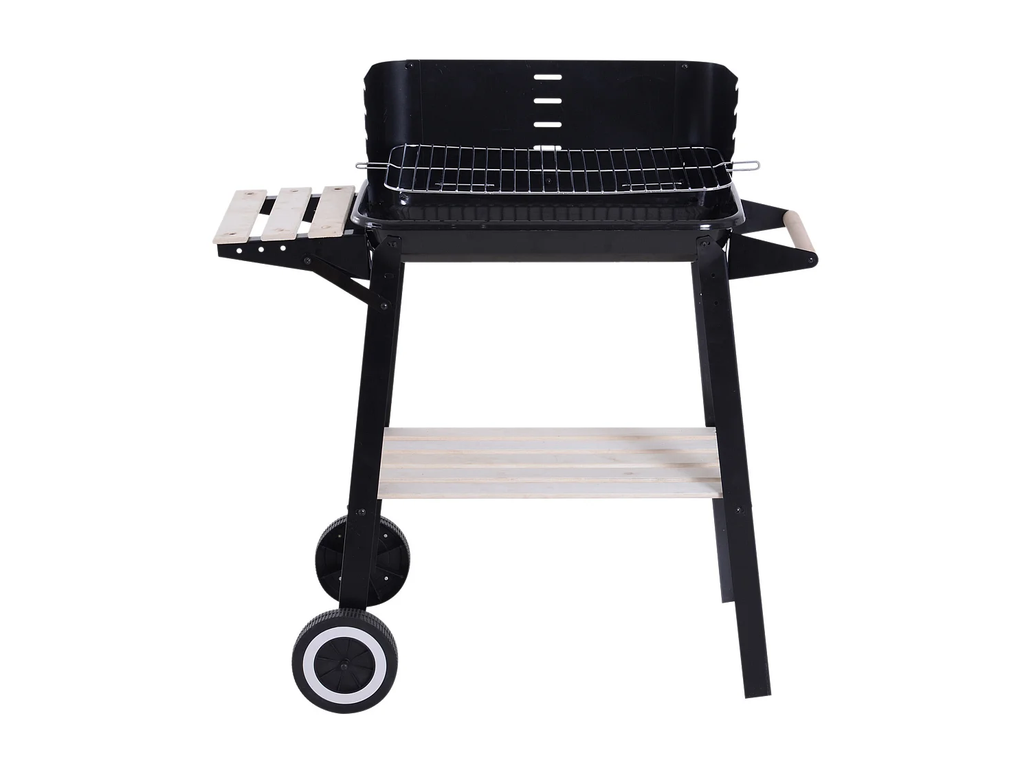 Barbecue a carbone con ripiani e ruote in acciaio e legno nero