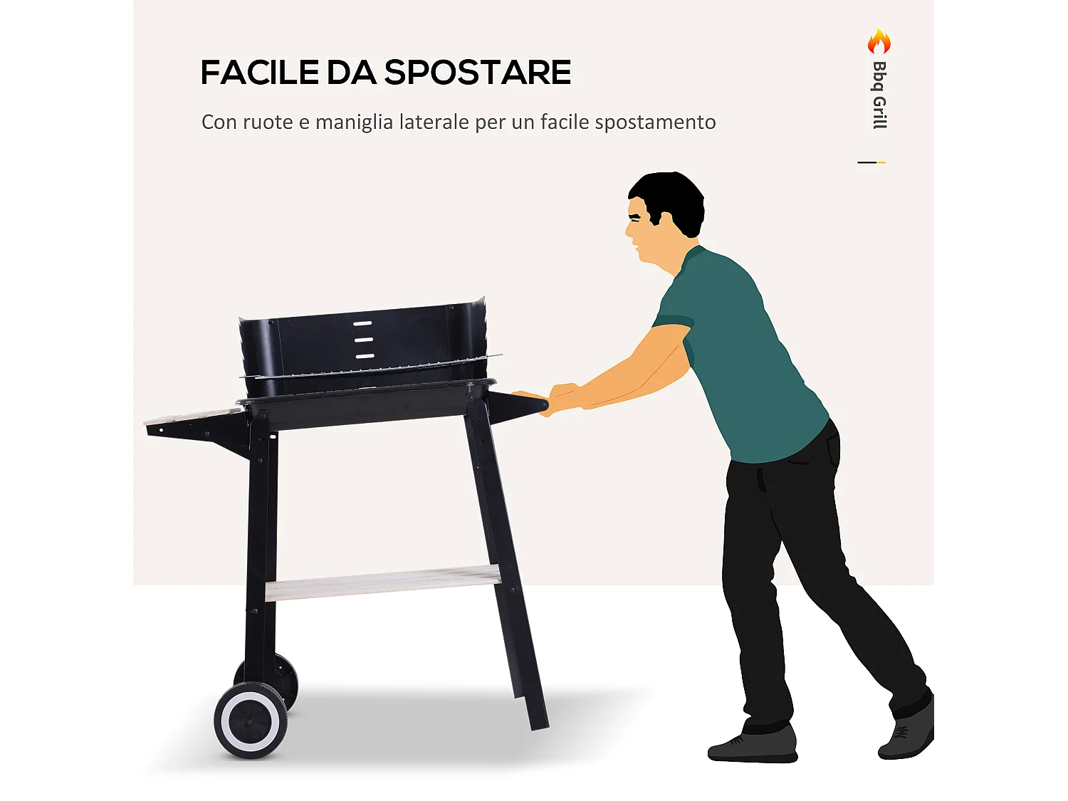 Barbecue a carbone con ripiani e ruote in acciaio e legno nero