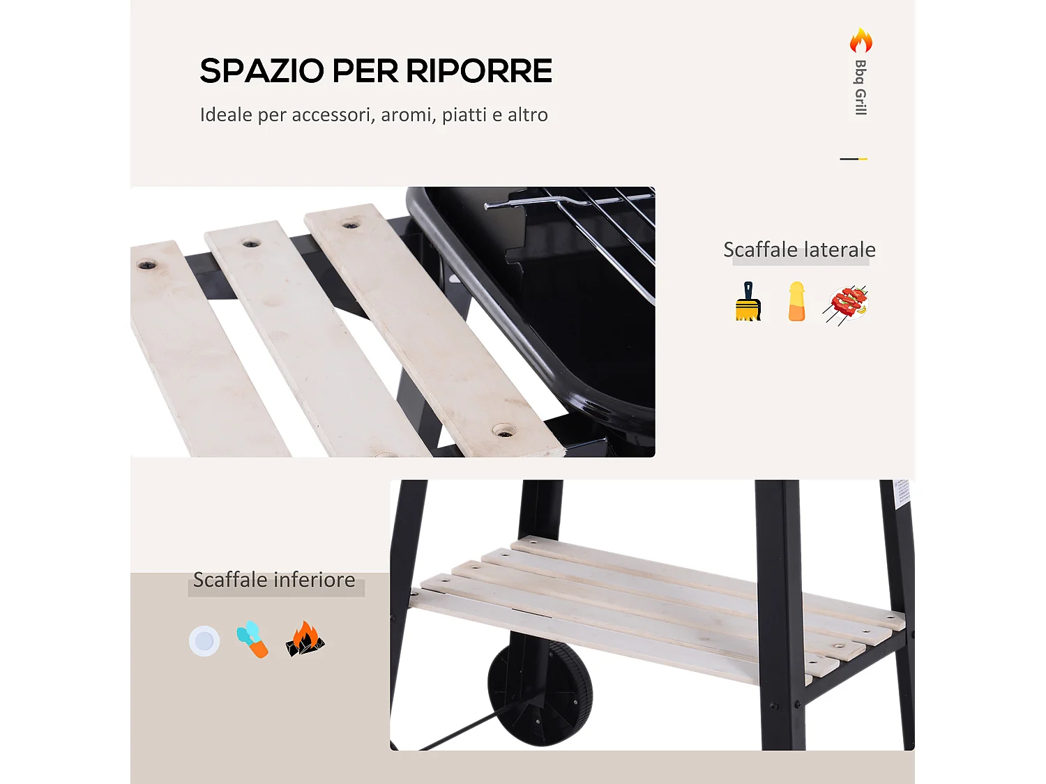 Barbecue a carbone con ripiani e ruote in acciaio e legno nero