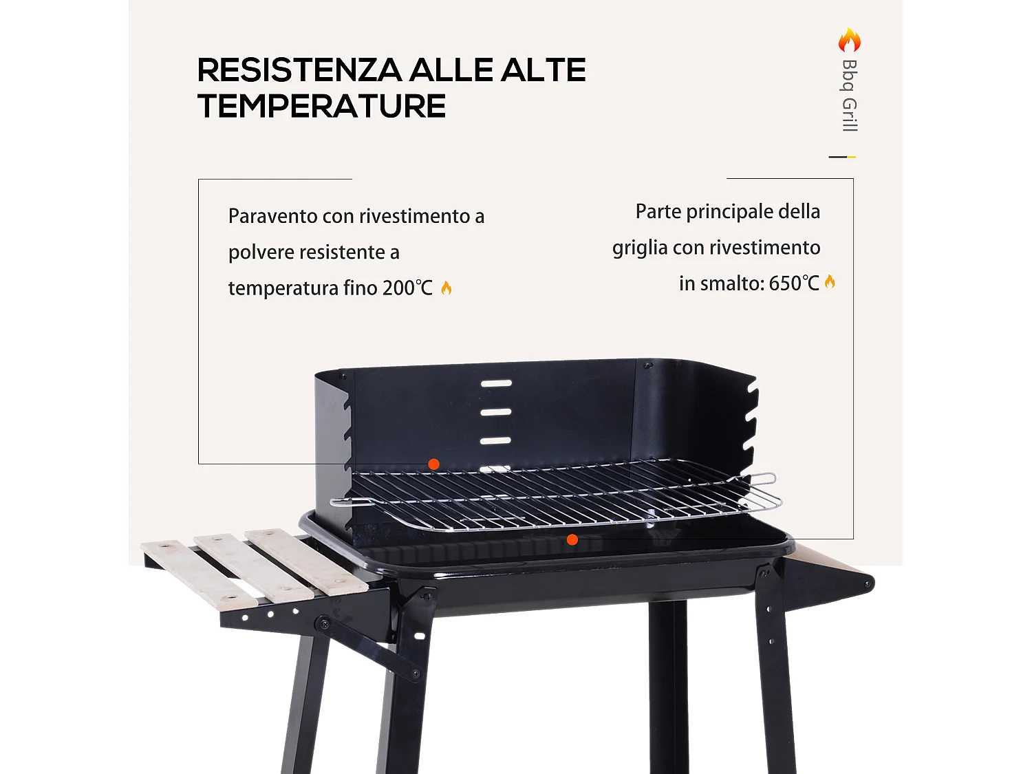 Barbecue a carbone con ripiani e ruote in acciaio e legno nero
