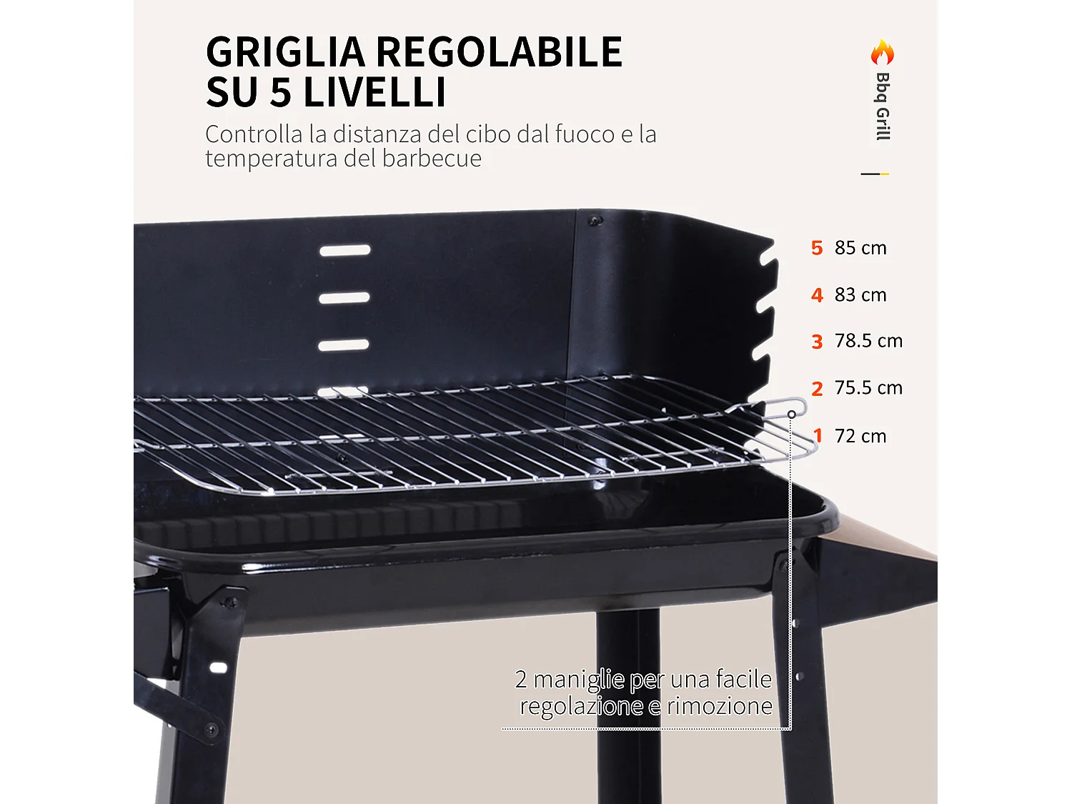 Barbecue a carbone con ripiani e ruote in acciaio e legno nero