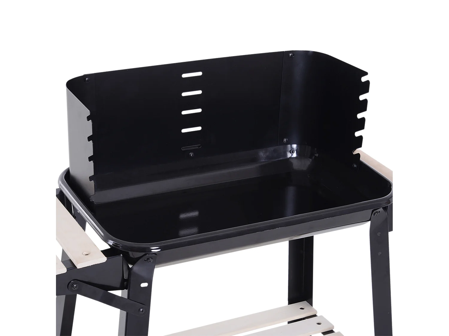 Barbecue a carbone con ripiani e ruote in acciaio e legno nero