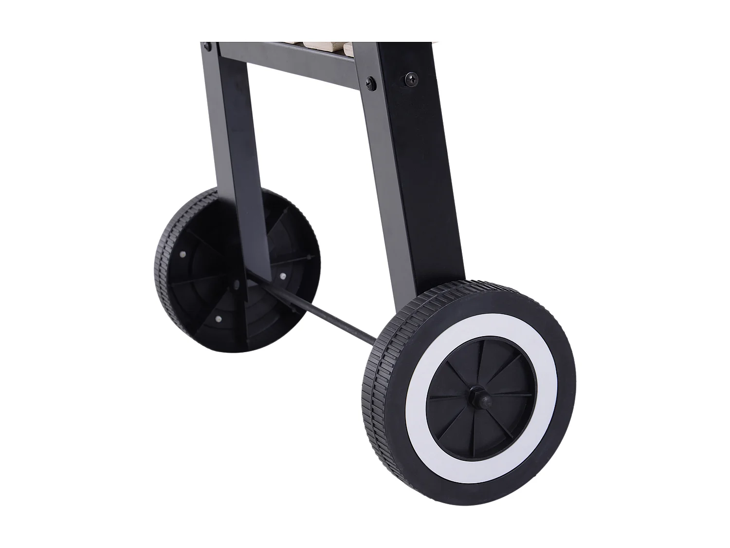 Barbecue a carbone con ripiani e ruote in acciaio e legno nero