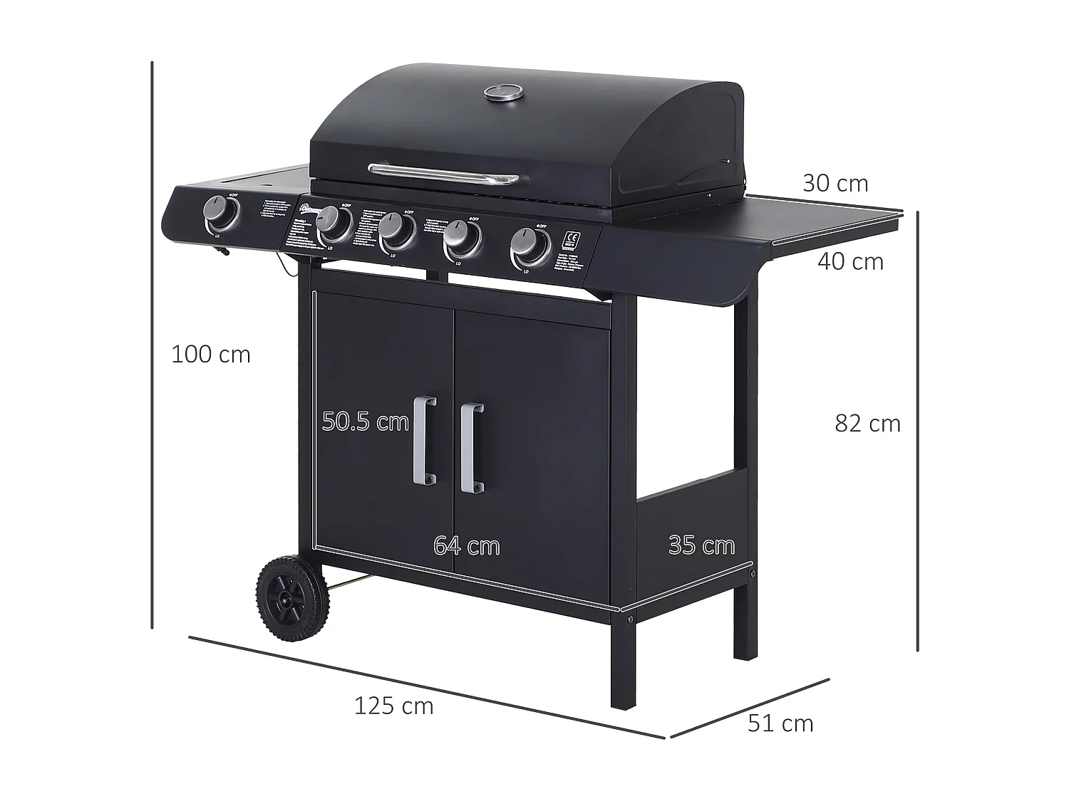 Barbecue a gas 5 fornelli con ripiani laterali e armadietto nero