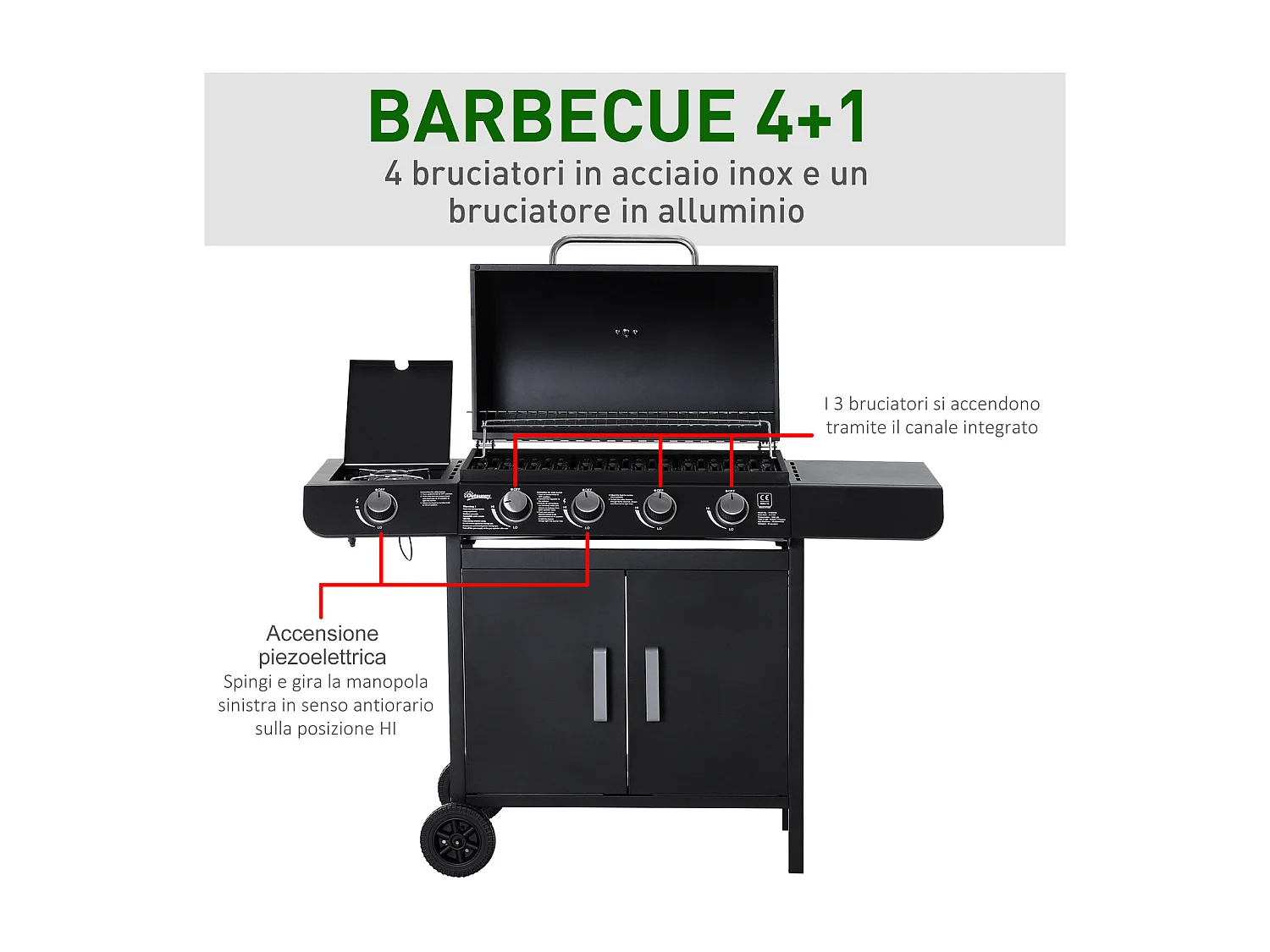 Barbecue a gas 5 fornelli con ripiani laterali e armadietto nero