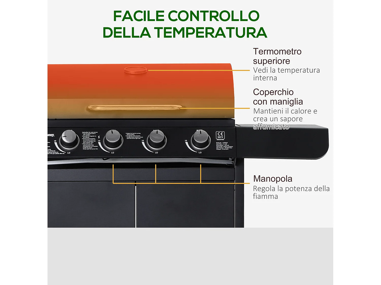 Barbecue a gas 5 fornelli con ripiani laterali e armadietto nero