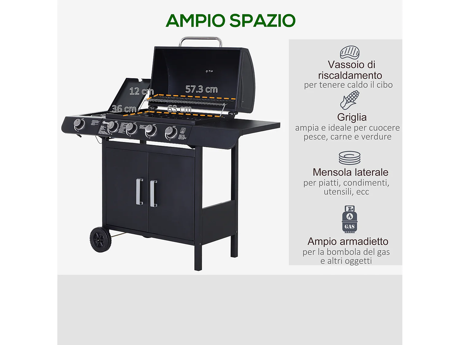 Barbecue a gas 5 fornelli con ripiani laterali e armadietto nero