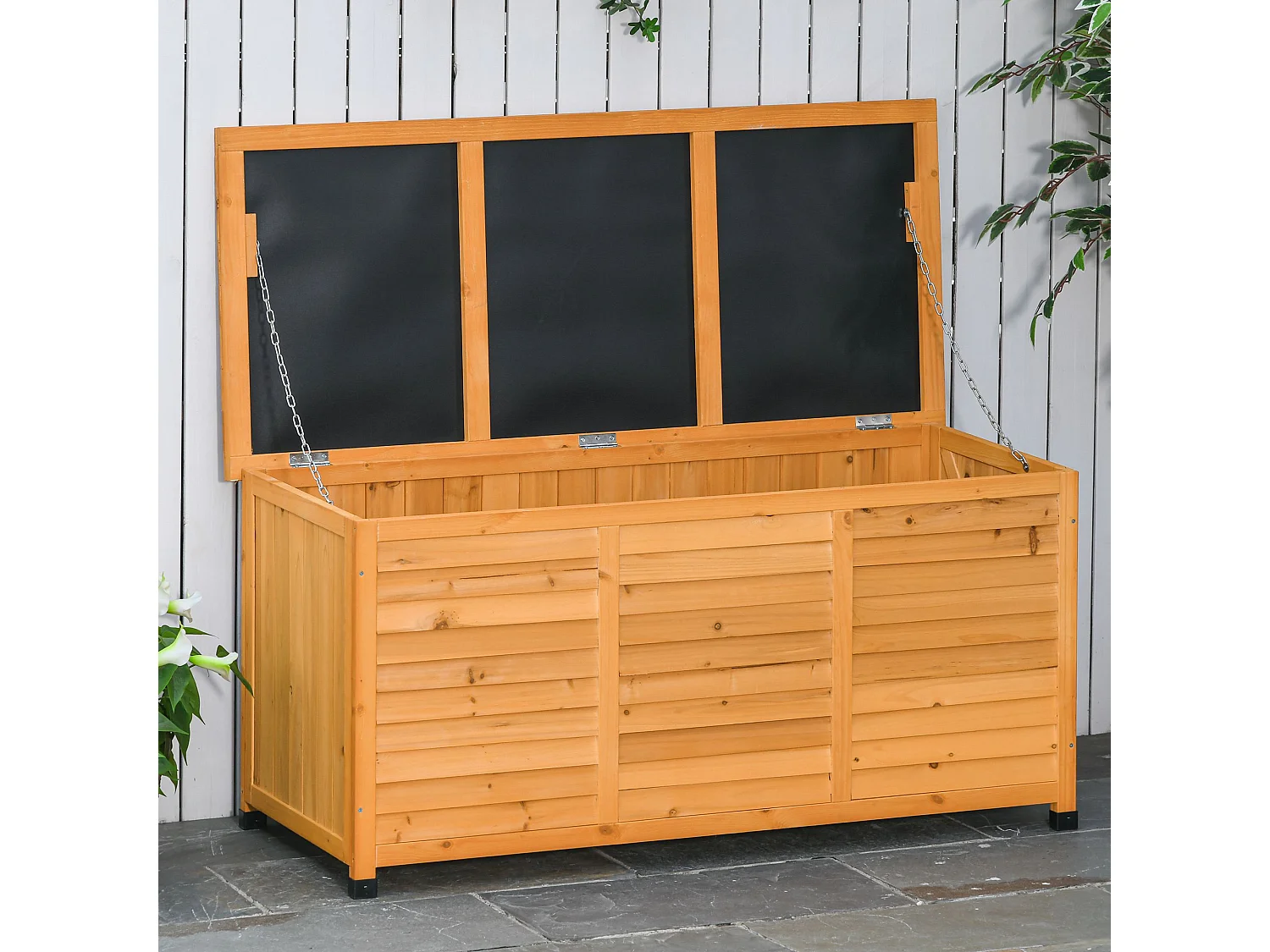 Baule da esterno con base rialzata in legno giallo scuro