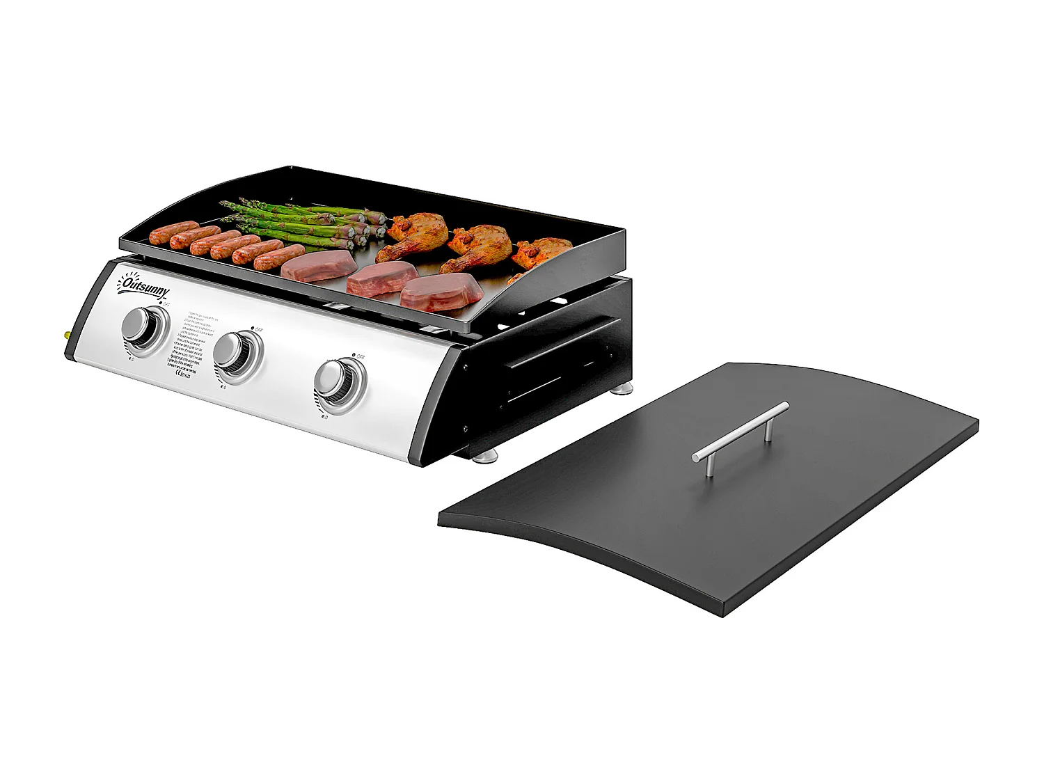 Piastra a gas con 3 bruciatori e 3 zone di cottura con coperchio nero