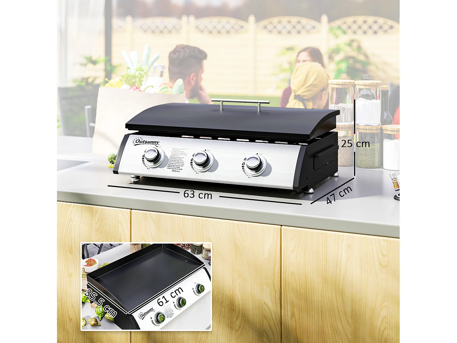 Piastra a gas con 3 bruciatori e 3 zone di cottura con coperchio nero