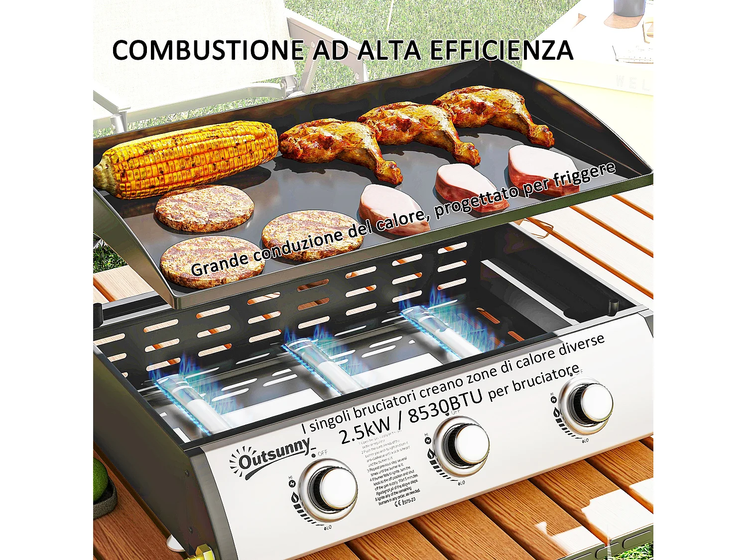 Piastra a gas con 3 bruciatori e 3 zone di cottura con coperchio nero