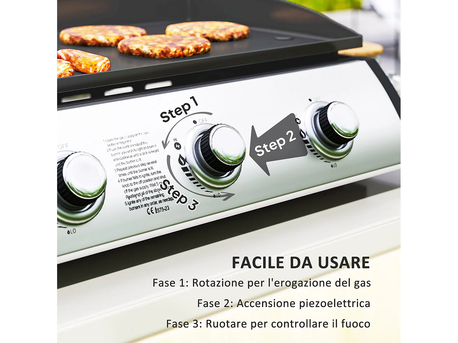 Piastra a gas con 3 bruciatori e 3 zone di cottura con coperchio nero