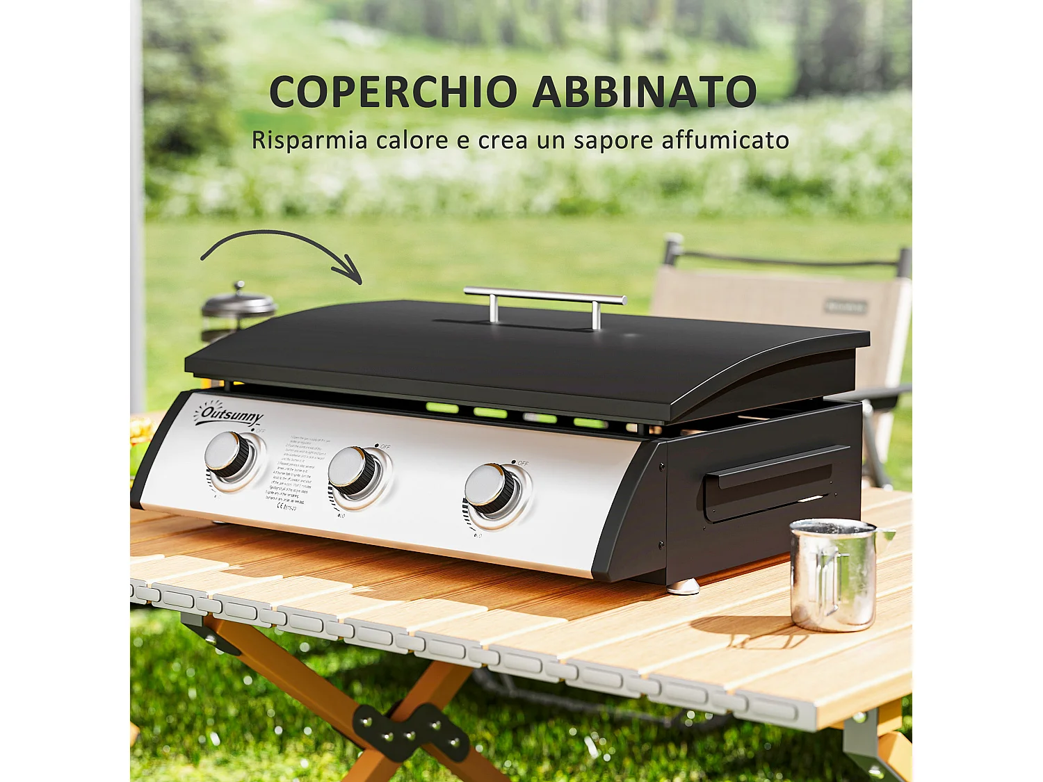 Piastra a gas con 3 bruciatori e 3 zone di cottura con coperchio nero