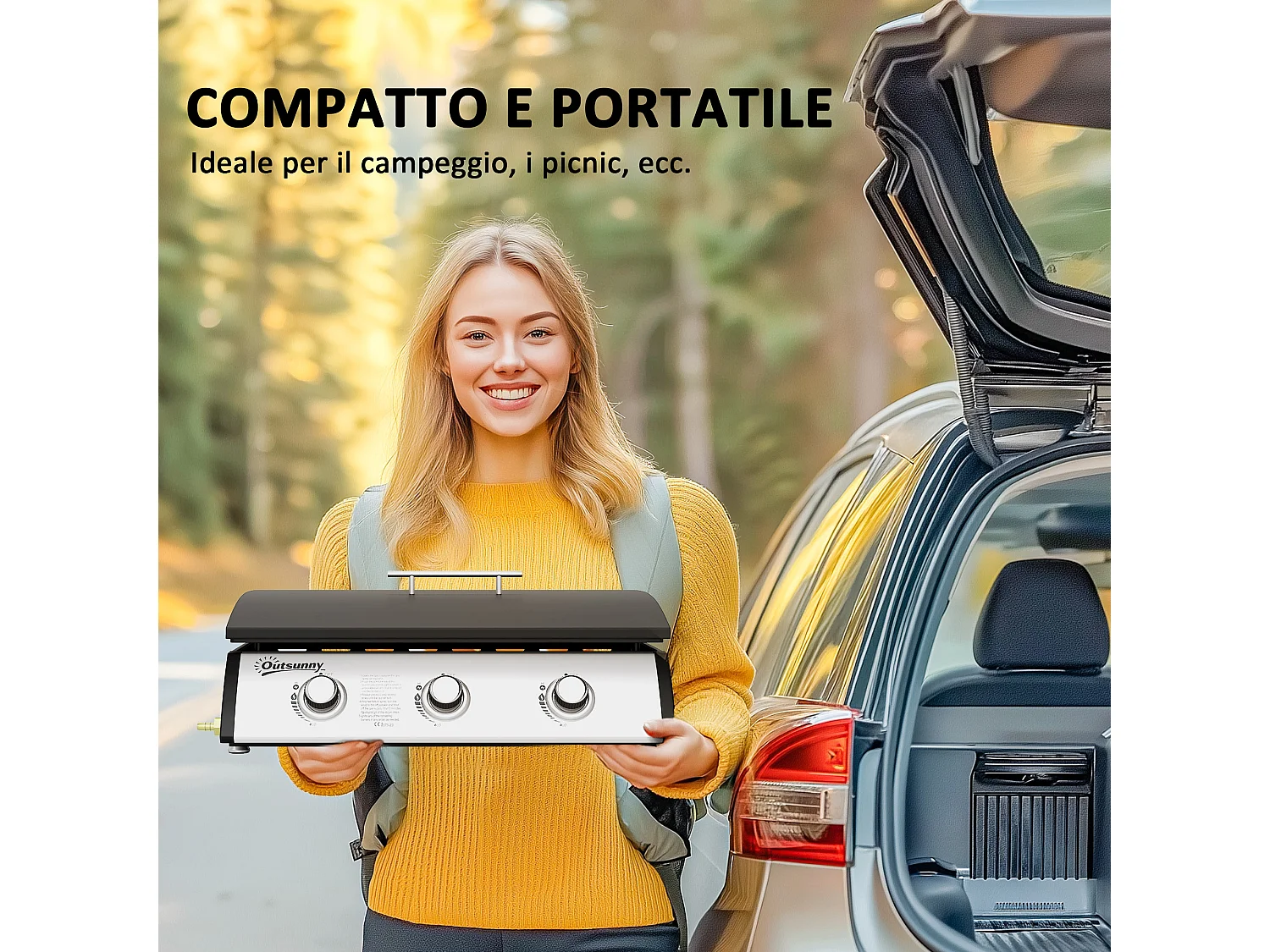 Piastra a gas con 3 bruciatori e 3 zone di cottura con coperchio nero