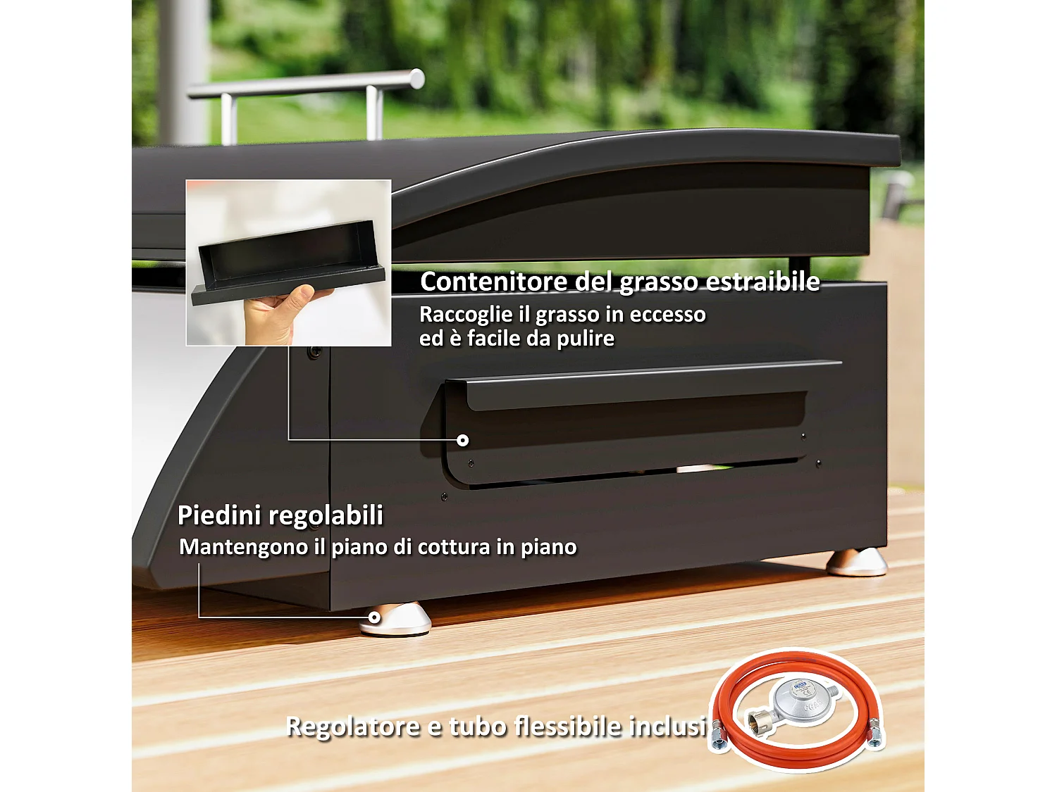 Piastra a gas con 3 bruciatori e 3 zone di cottura con coperchio nero