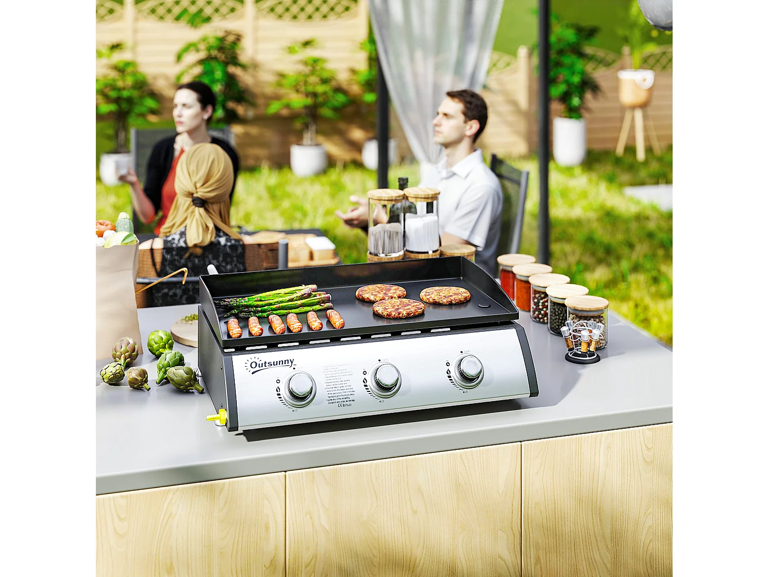 Piastra a gas con 3 bruciatori e 3 zone di cottura con coperchio nero