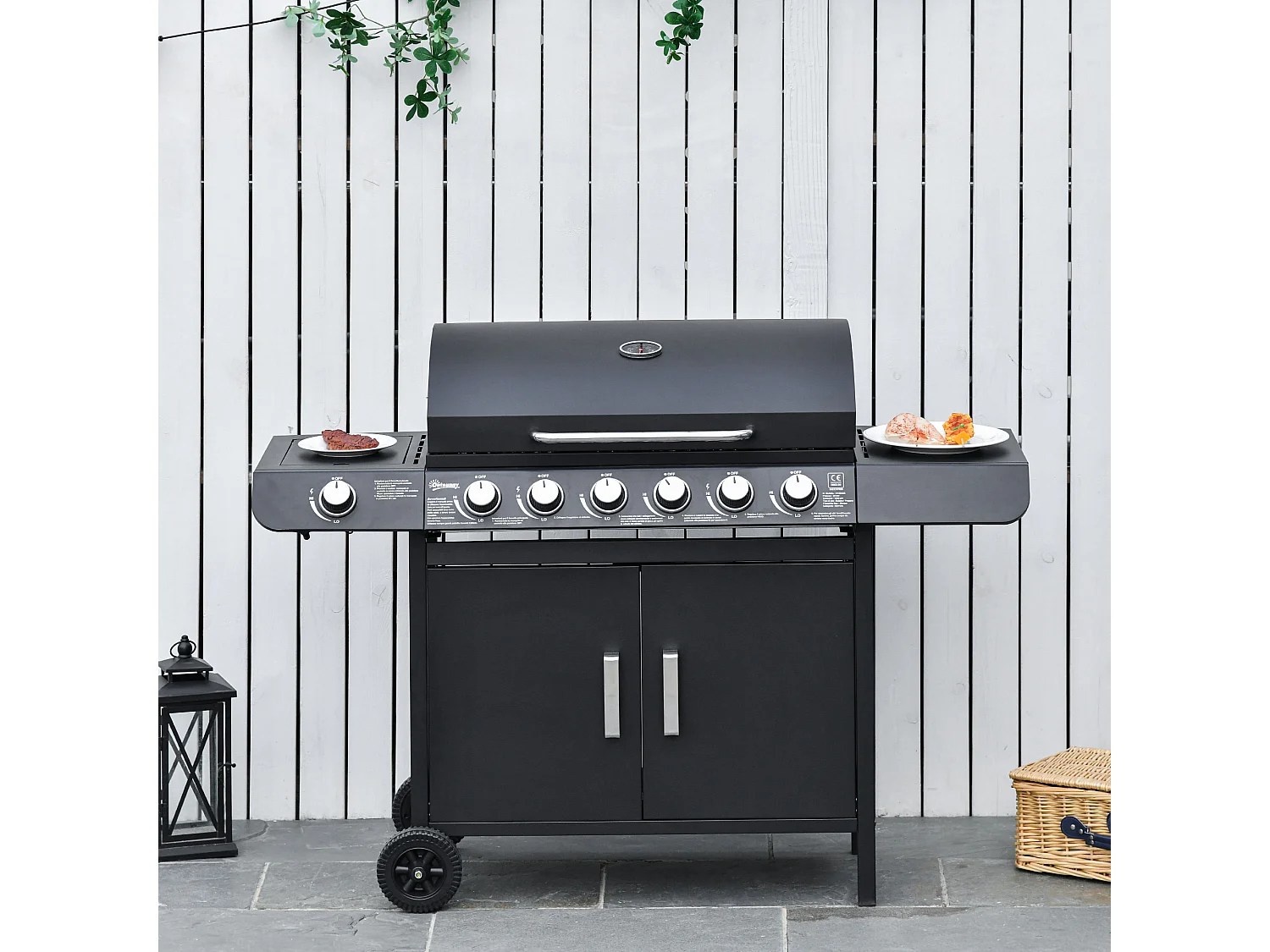 Barbecue a gas con coperchio e fornello laterale a 2 ruote