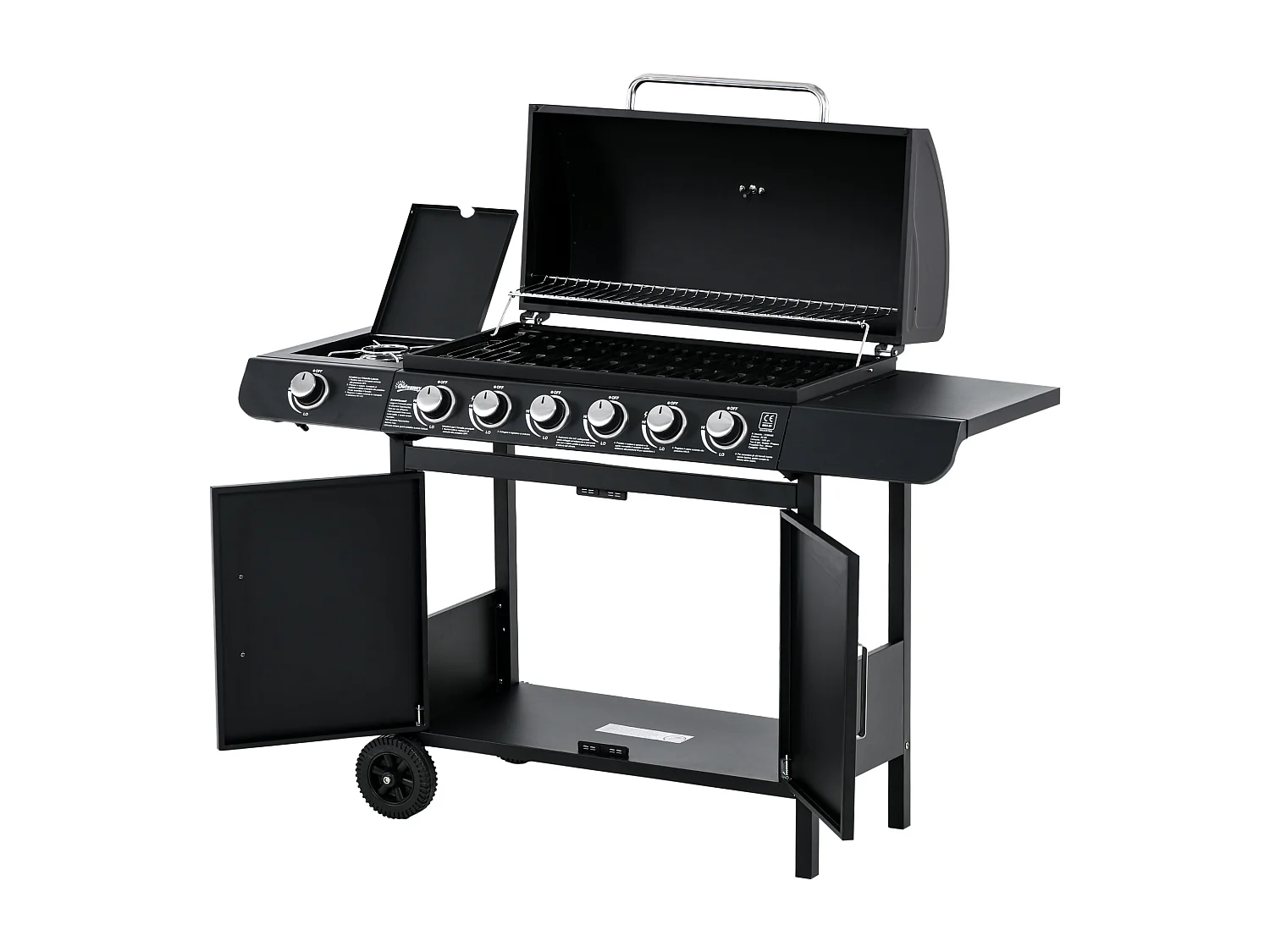 Barbecue a gas con coperchio e fornello laterale a 2 ruote