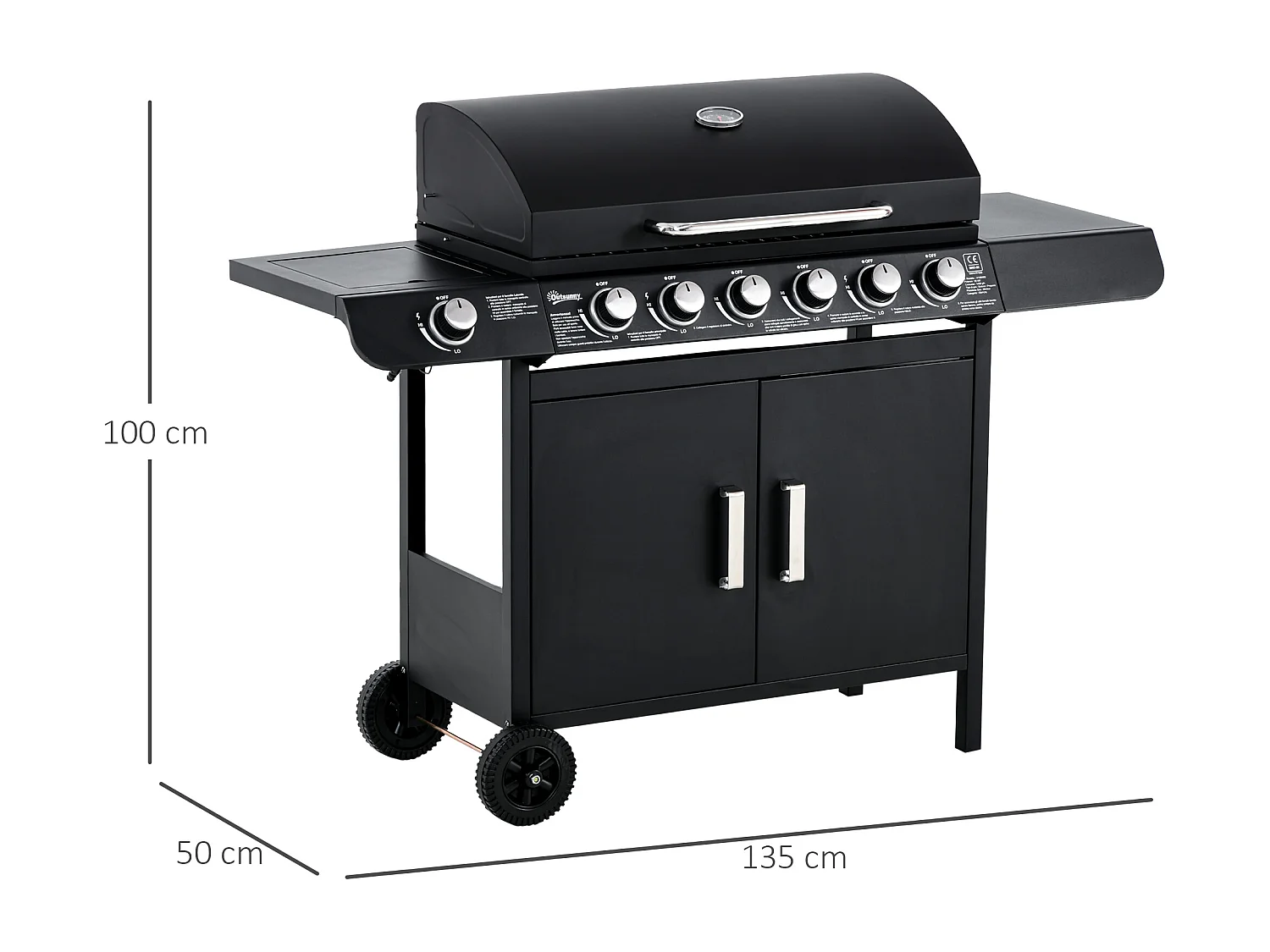 Barbecue a gas con coperchio e fornello laterale a 2 ruote