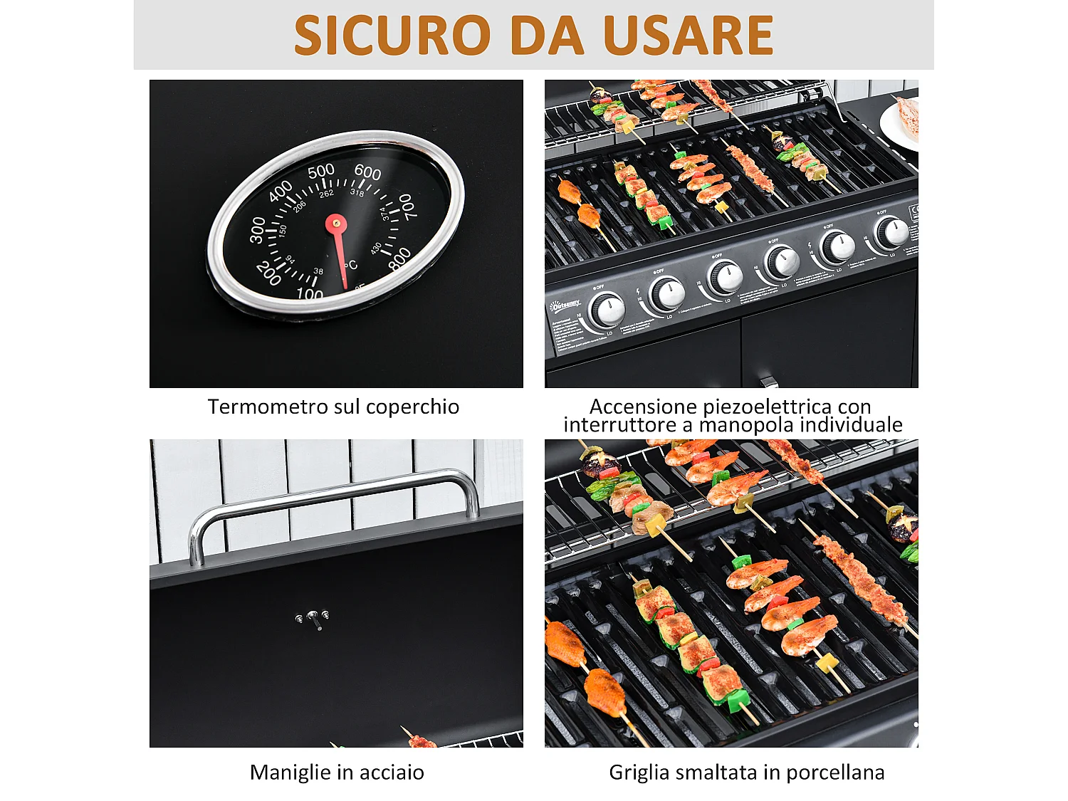 Barbecue a gas con coperchio e fornello laterale a 2 ruote