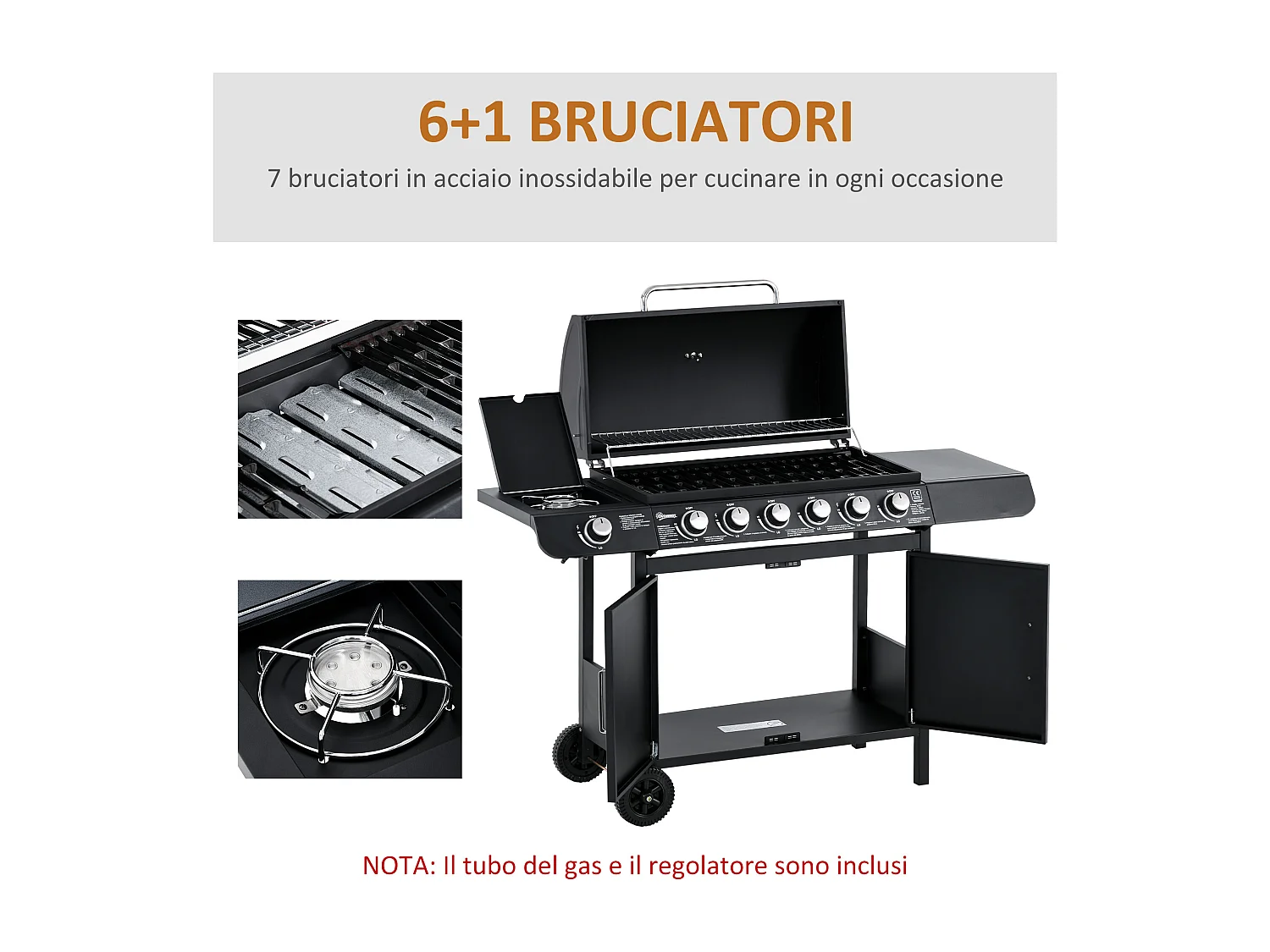 Barbecue a gas con coperchio e fornello laterale a 2 ruote