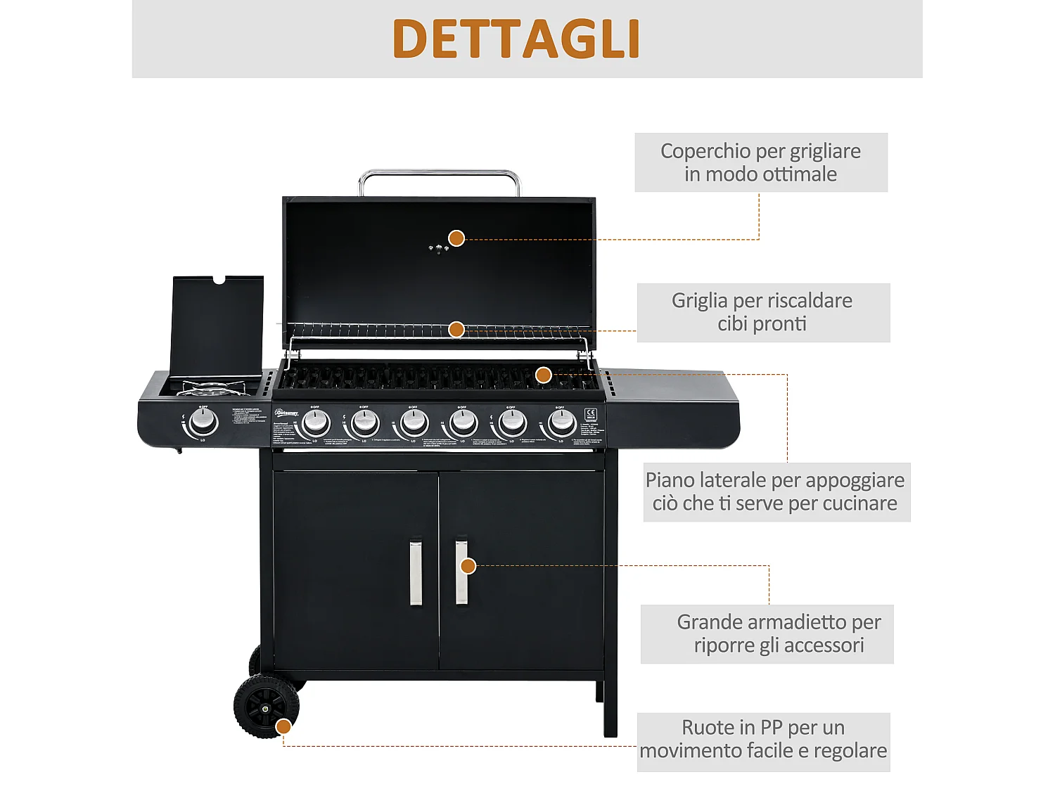 Barbecue a gas con coperchio e fornello laterale a 2 ruote