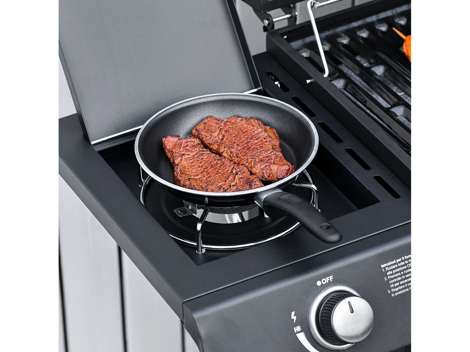 Barbecue a gas con coperchio e fornello laterale a 2 ruote