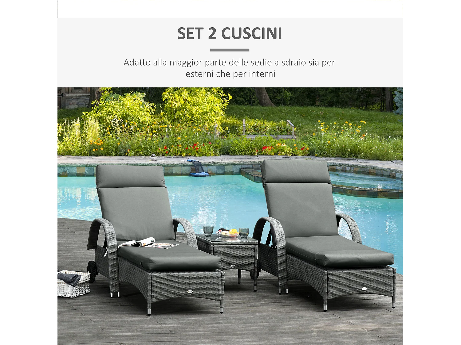 Set 2 cuscini per sdraio da esterno imbottiti in cotone grigio scuro