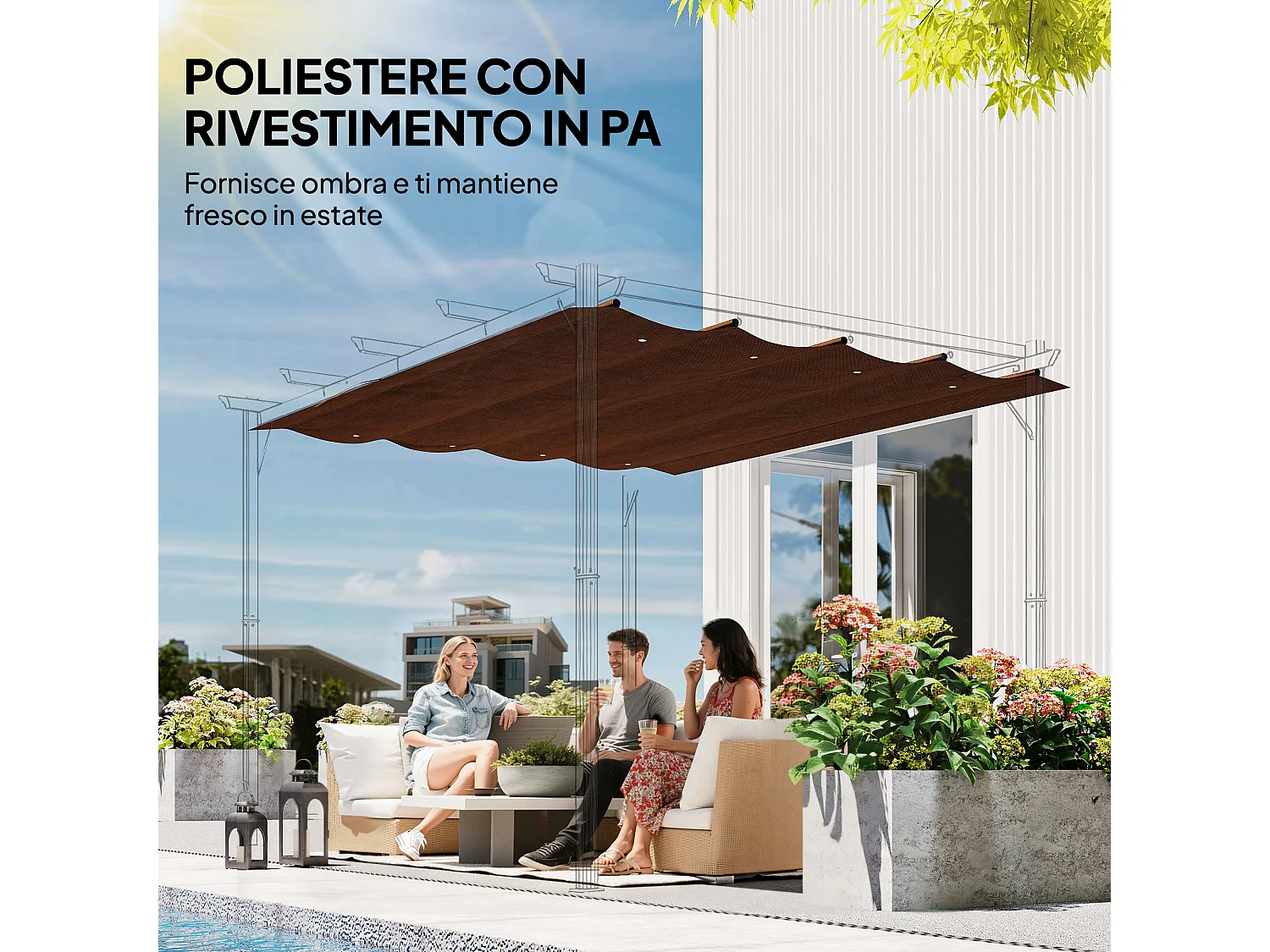 Telo pergola per esterni in poliestere caffè anti uv con 8 fori