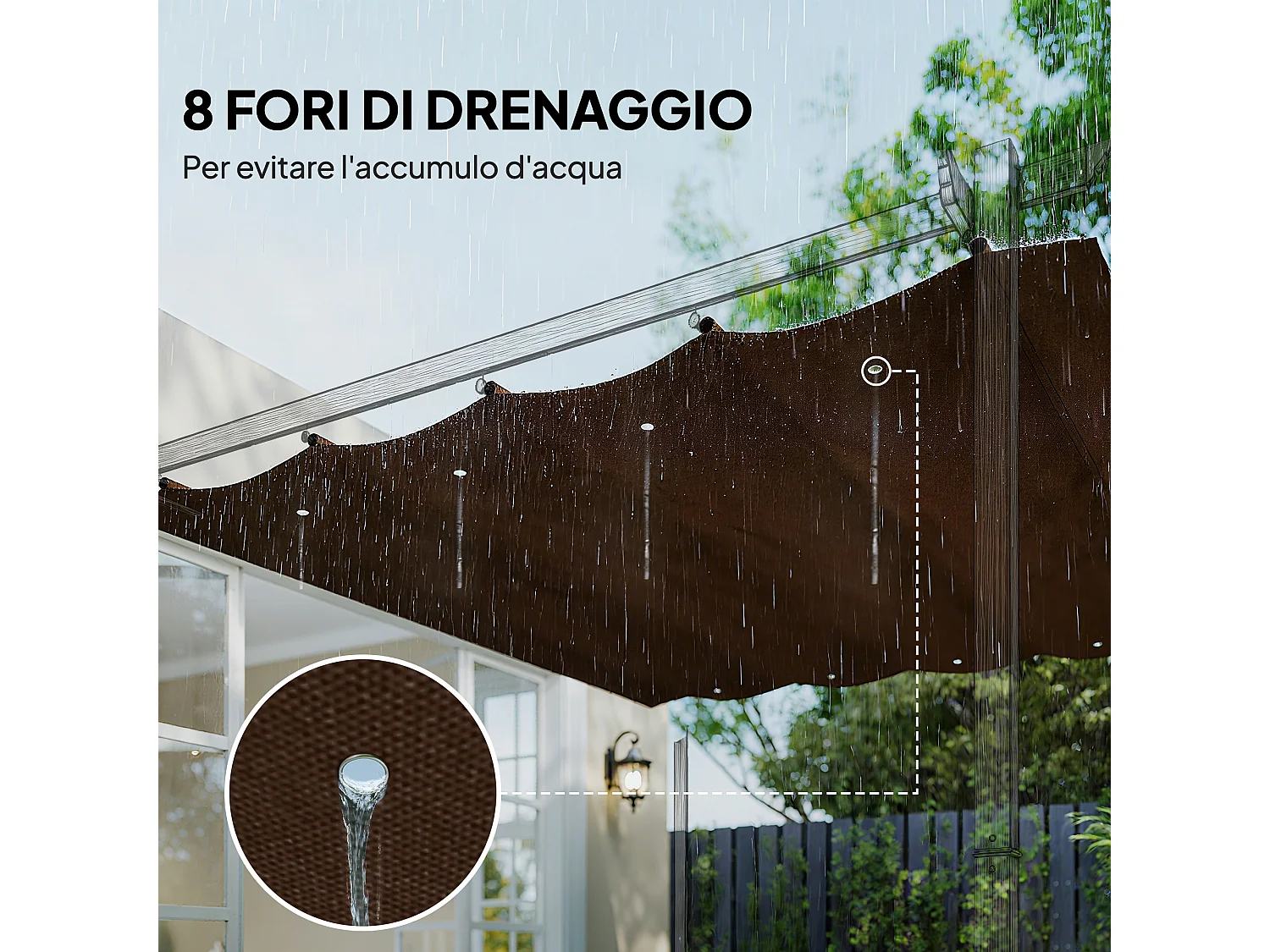 Telo pergola per esterni in poliestere caffè anti uv con 8 fori