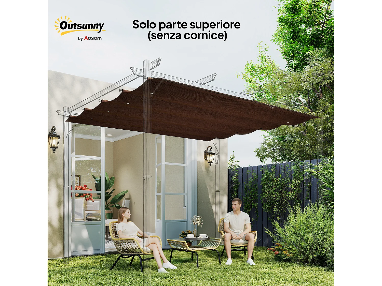 Telo pergola per esterni in poliestere caffè anti uv con 8 fori