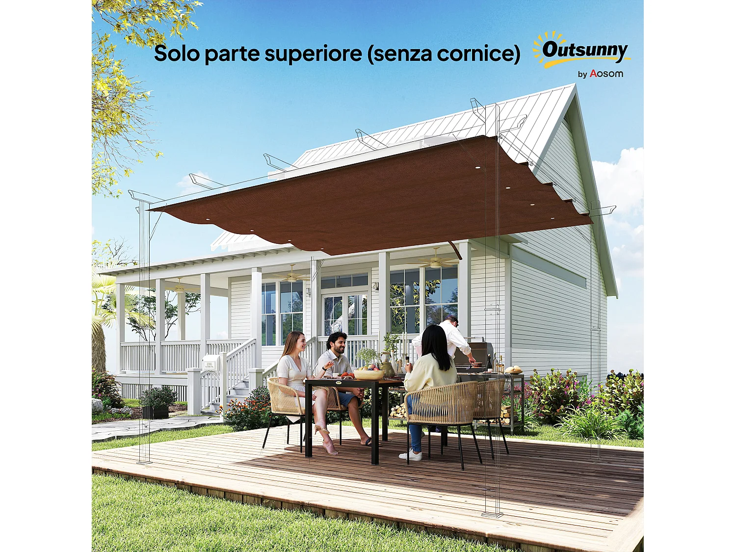 Telo pergola per esterni in poliestere caffè anti uv con 8 fori