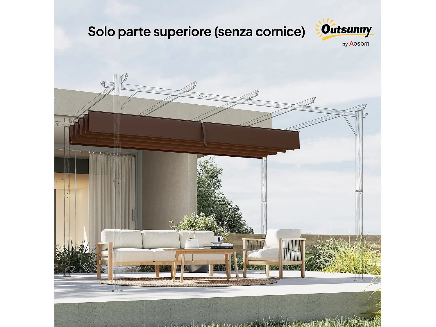 Telo pergola per esterni in poliestere caffè anti uv con 8 fori