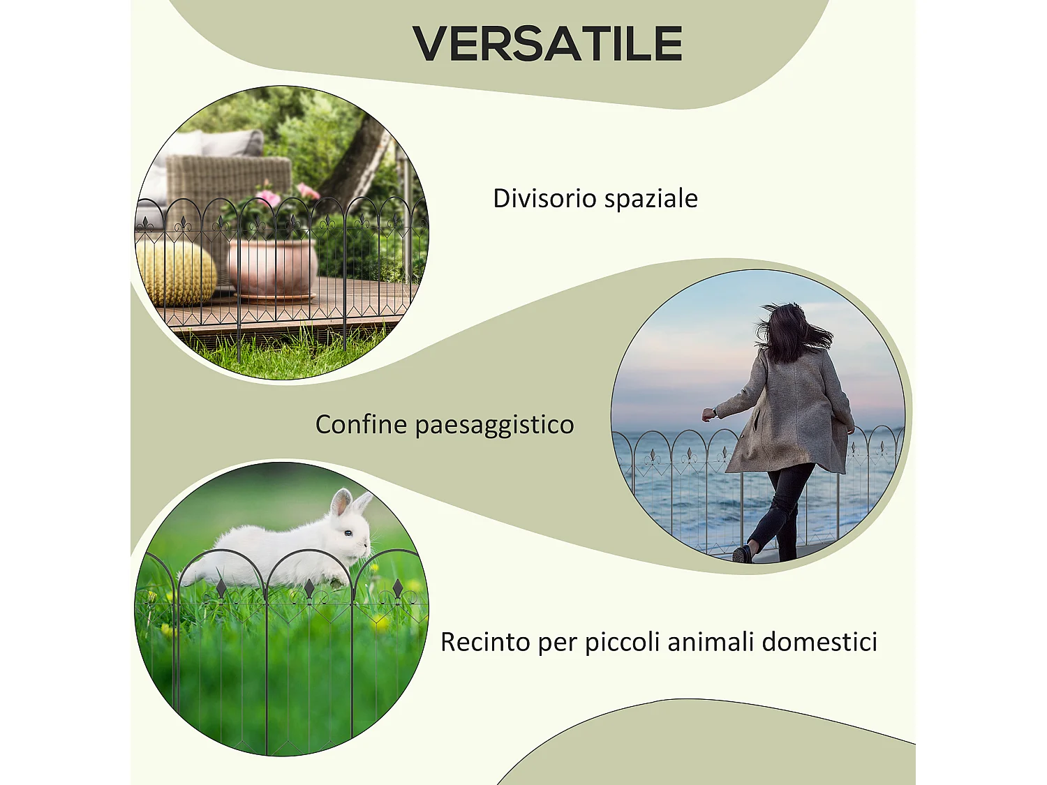 Recinzione esterna in metallo a 5 pannelli con paletti 305x79.5cm nera