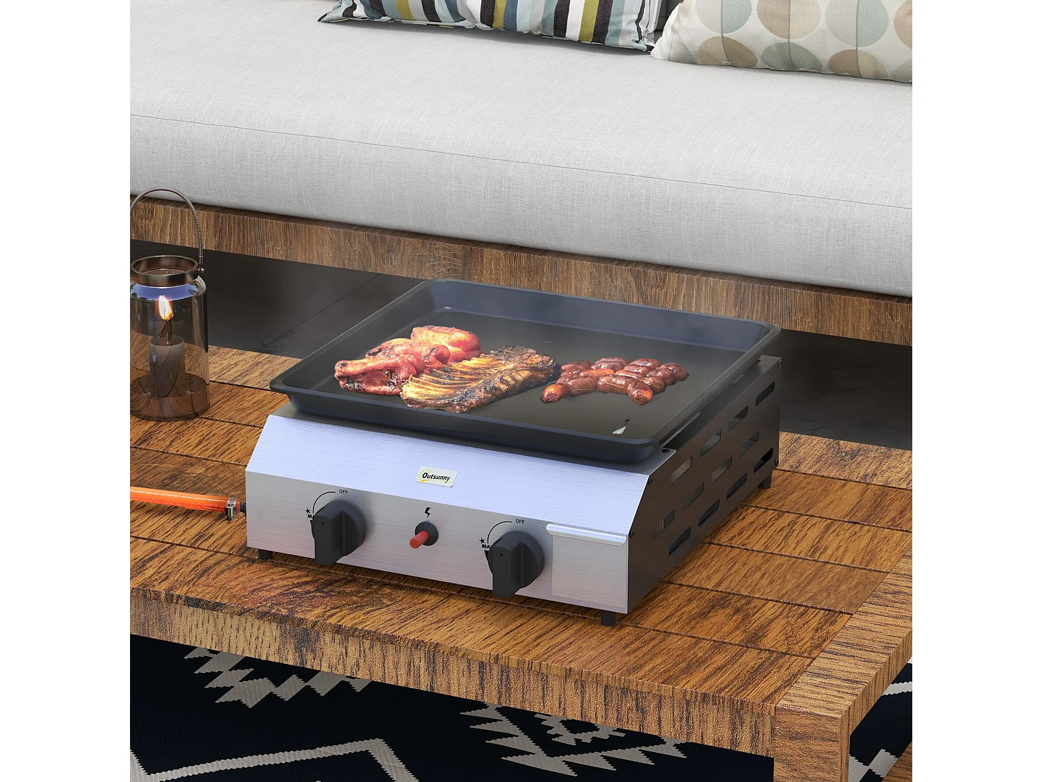 Piastra barbecue a gas antiaderente con 2 bruciatori, argento