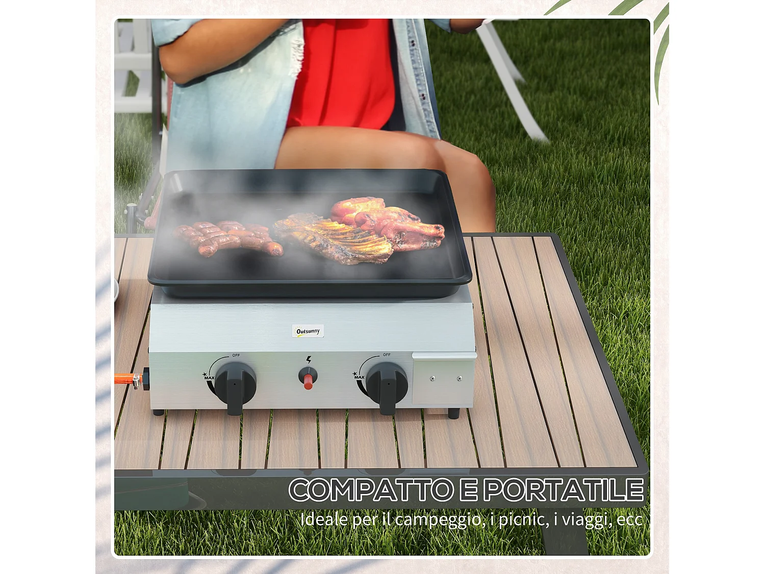 Piastra barbecue a gas antiaderente con 2 bruciatori, argento