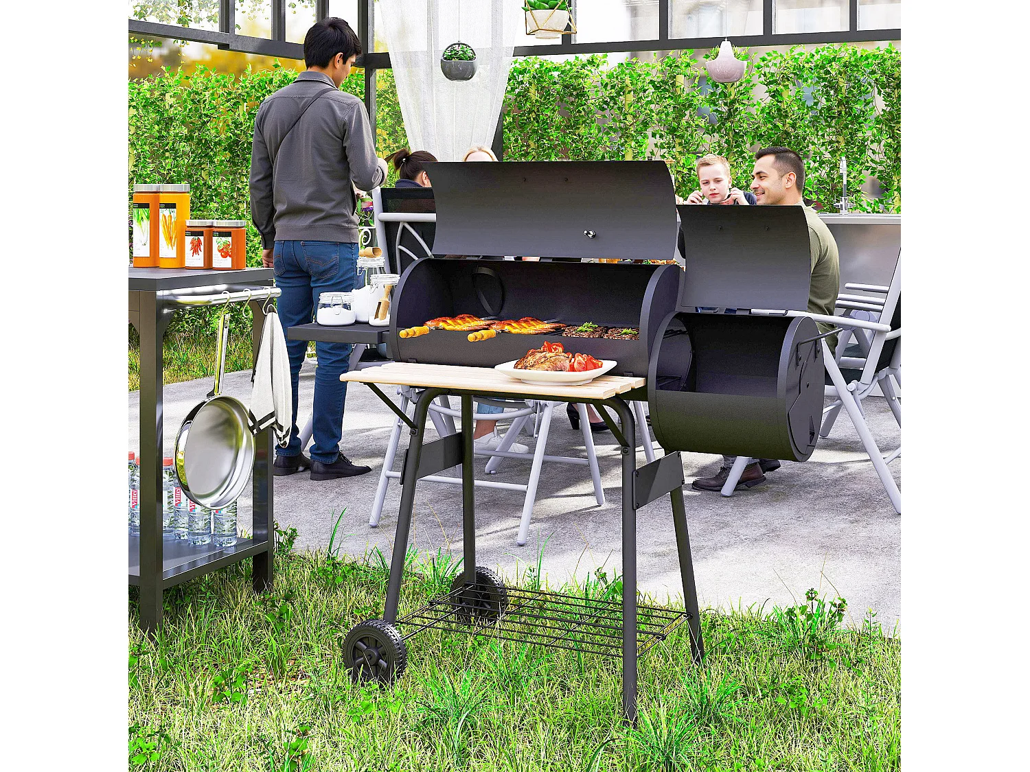 Barbecue a carbone con affumicatore 124x53x104cm nero