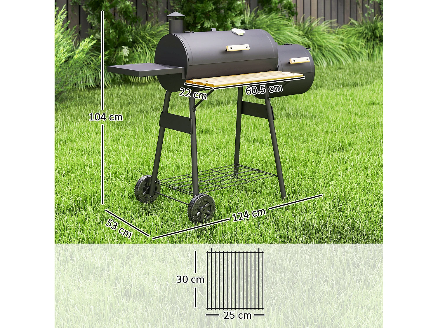 Barbecue a carbone con affumicatore 124x53x104cm nero