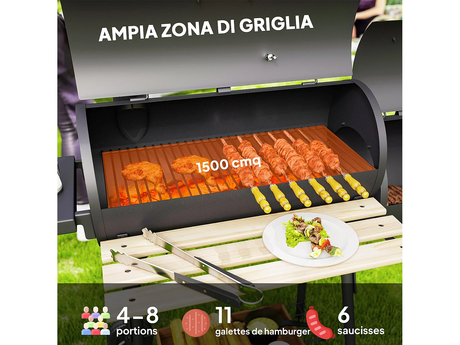 Barbecue a carbone con affumicatore 124x53x104cm nero